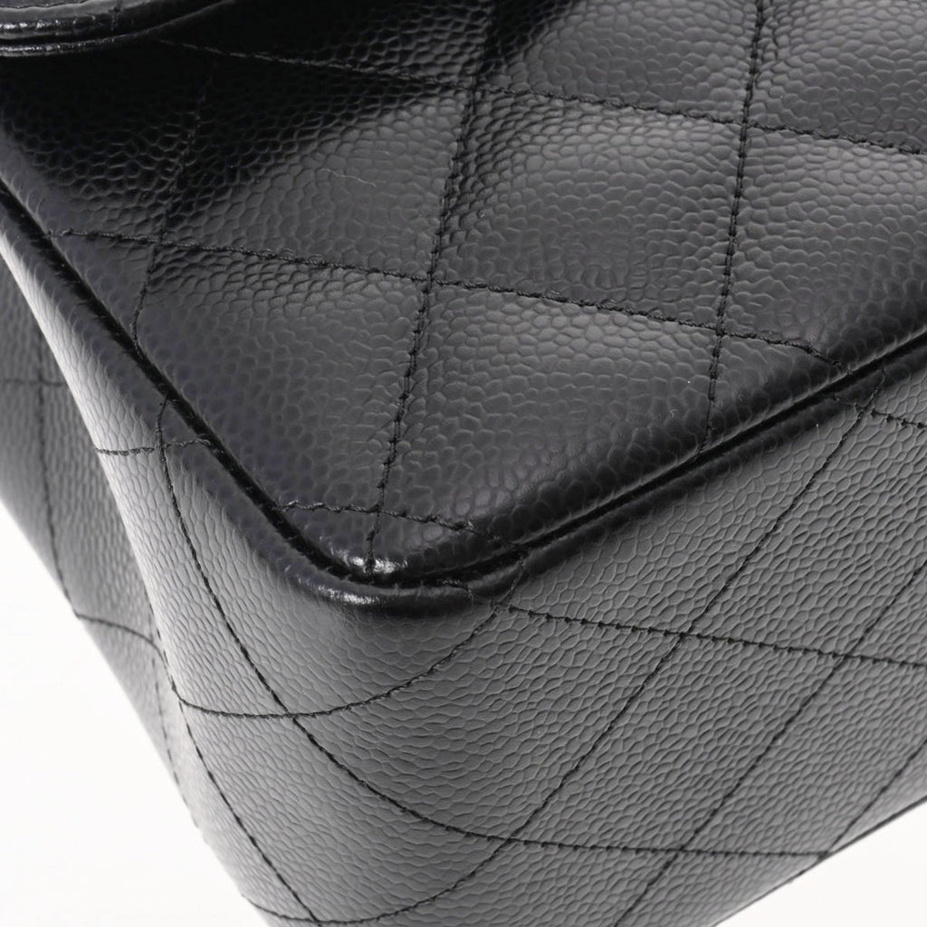 CHANEL matelasse chain shoulder W flap 30cm black ladies caviar skin bag