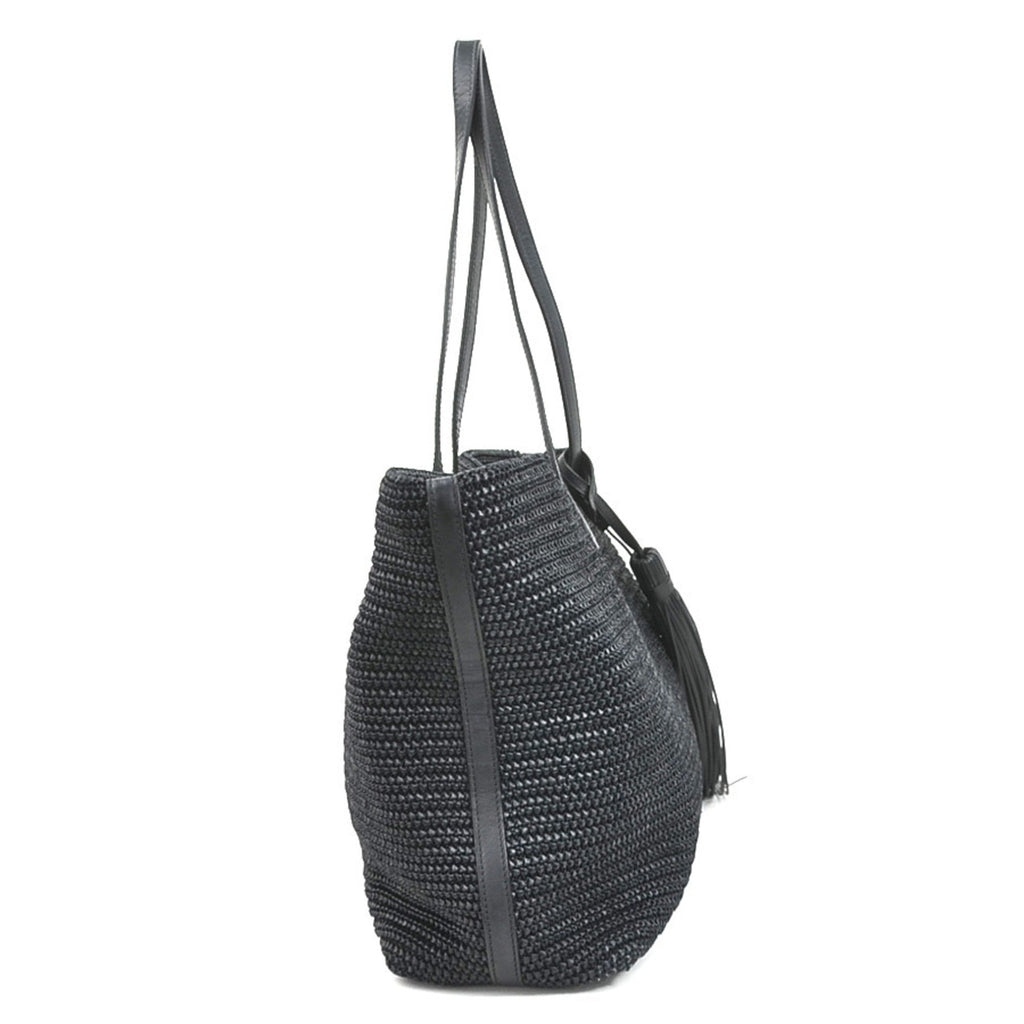 SAINT LAURENT Shoulder Bag Raffia/Leather Black Women's 490793