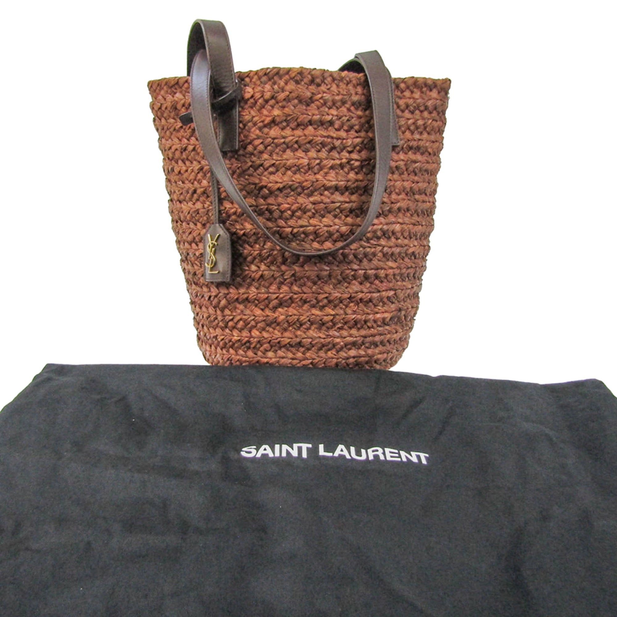SAINT LAURENT Pannier Small 579518 Women's Raffia,Leather Tote Bag Brown,Dark Brown