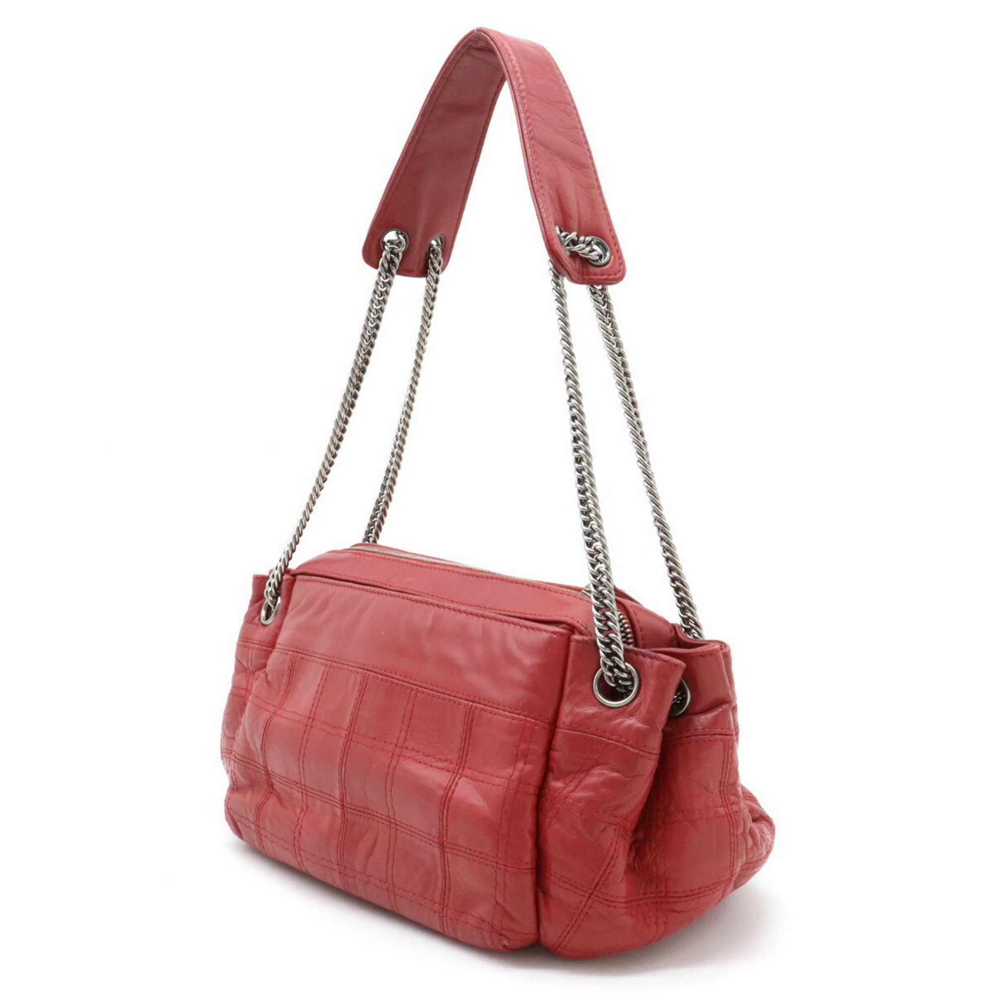 CHANEL Chocolate Bar Chain Shoulder Bag Leather Rose Madder Pink Red