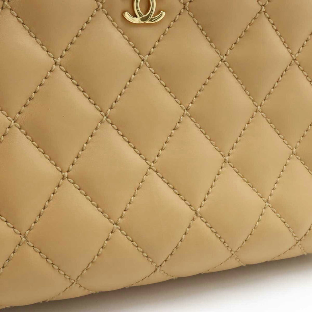 CHANEL Wild Stitch Handbag Boston Bag Leather Beige A14692