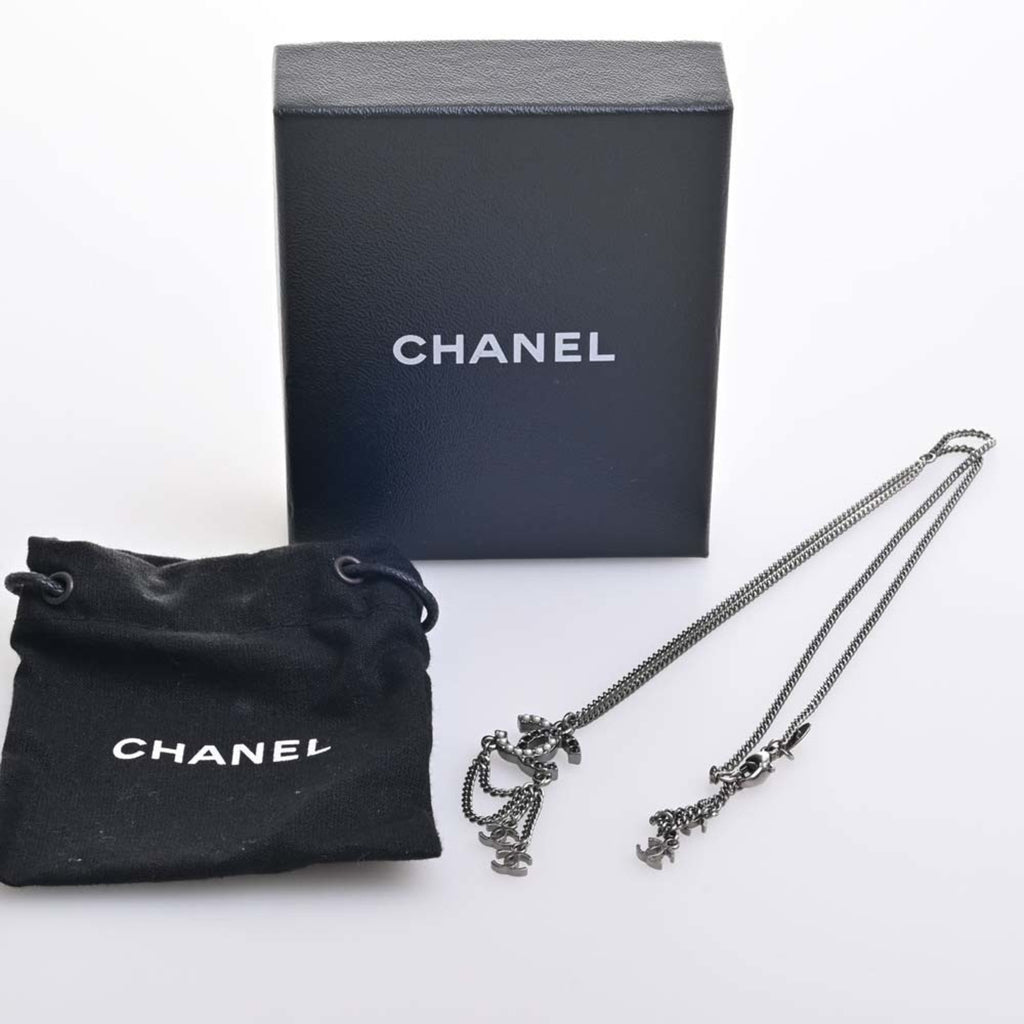 CHANEL Rhinestone Coco Mark Necklace Black White Ladies