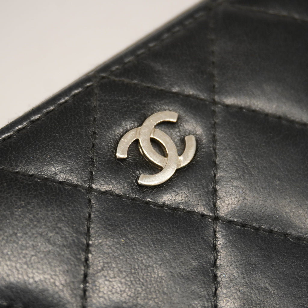 CHANELAuth  Matelasse Long Wallet Silver Metal Fittings Women's Lambskin Black
