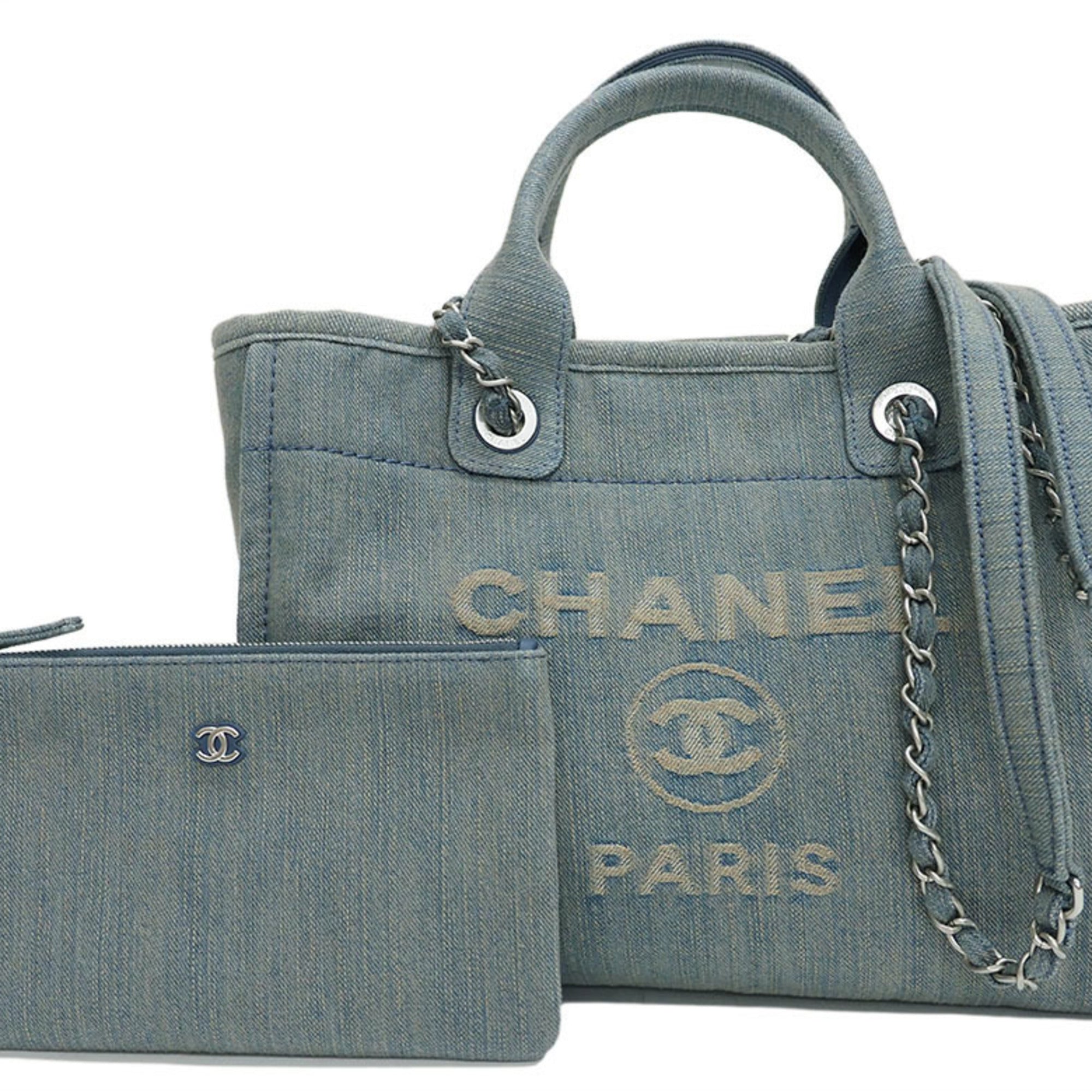 CHANEL Denim Shopping Bag Tote Light Blue Deauville Women's