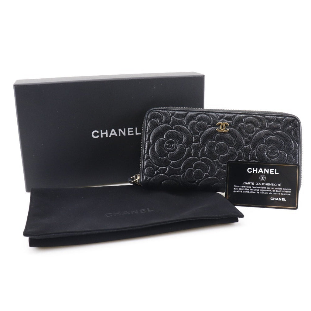 CHANEL Camellia Emboss Cocomark A82281 Matte Caviar Skin Black Women's Long Wallet