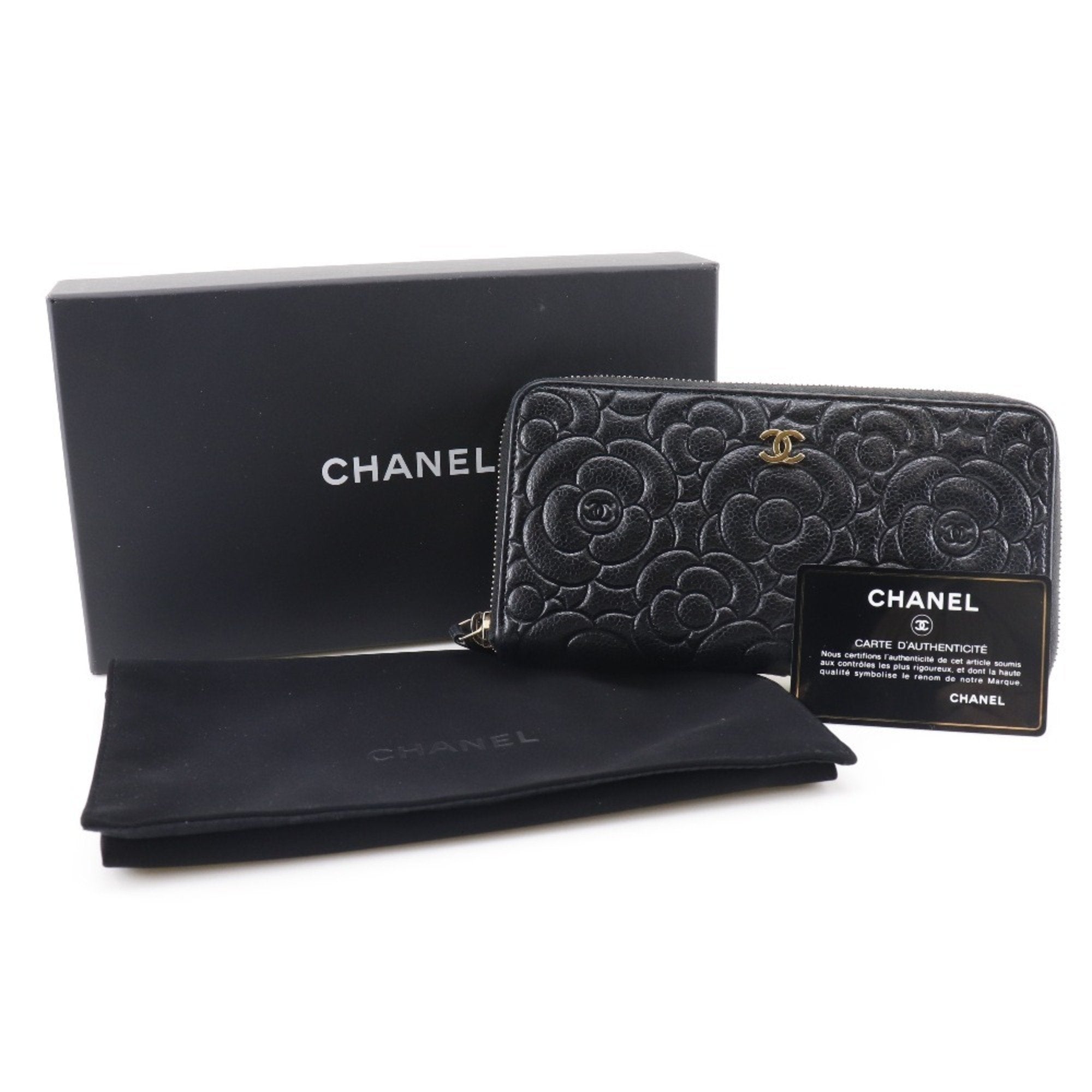 CHANEL Camellia Emboss Cocomark A82281 Matte Caviar Skin Black Women's Long Wallet