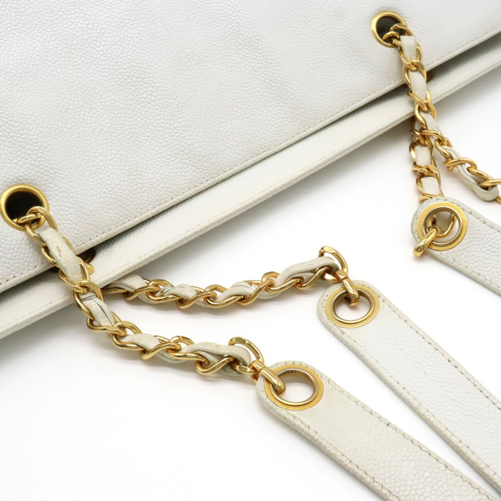 CHANEL Caviar Skin Coco Mark Chain Tote Bag Shoulder Leather White