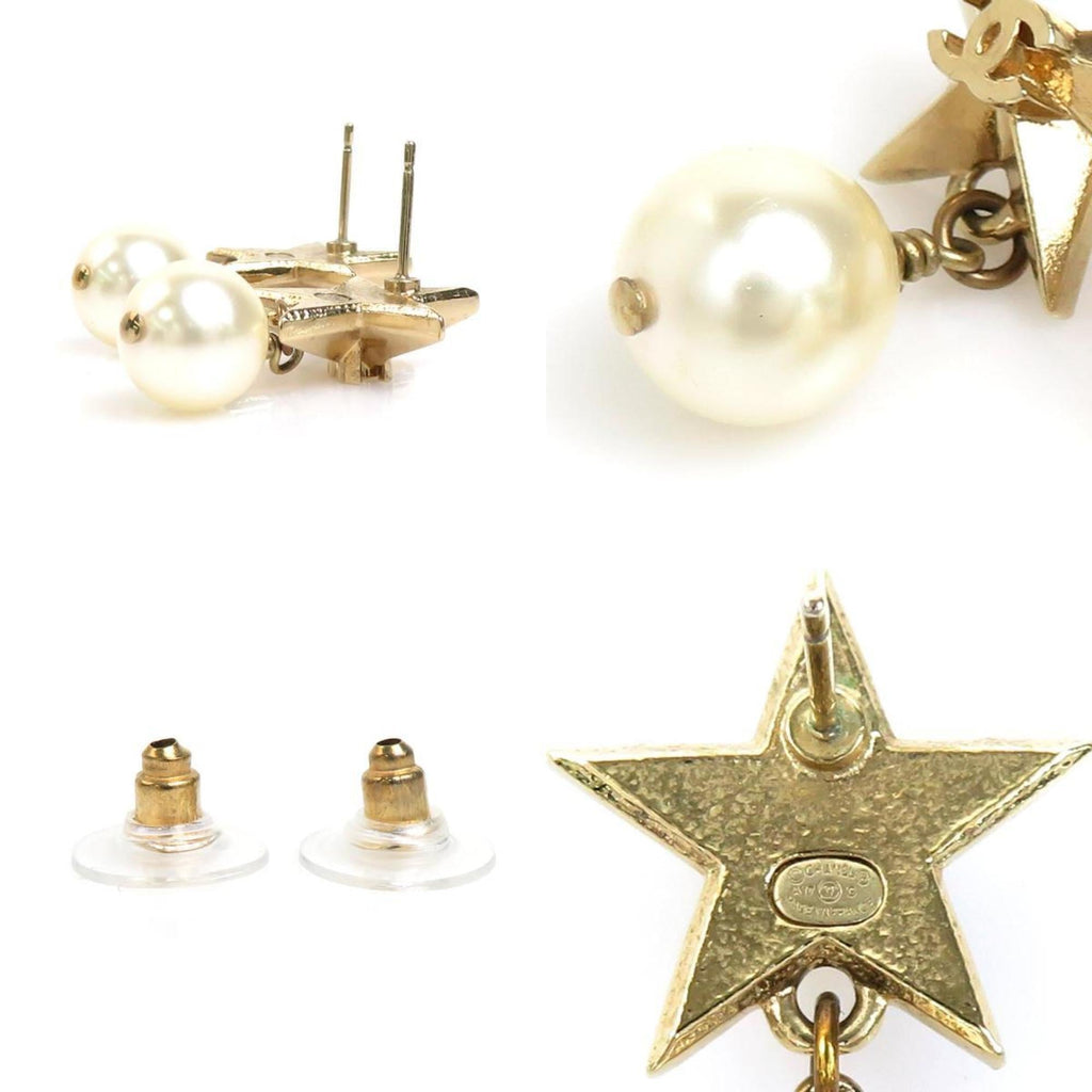 CHANEL Earrings Coco Mark Star Metal/Fake Pearl Gold/Off White Women's