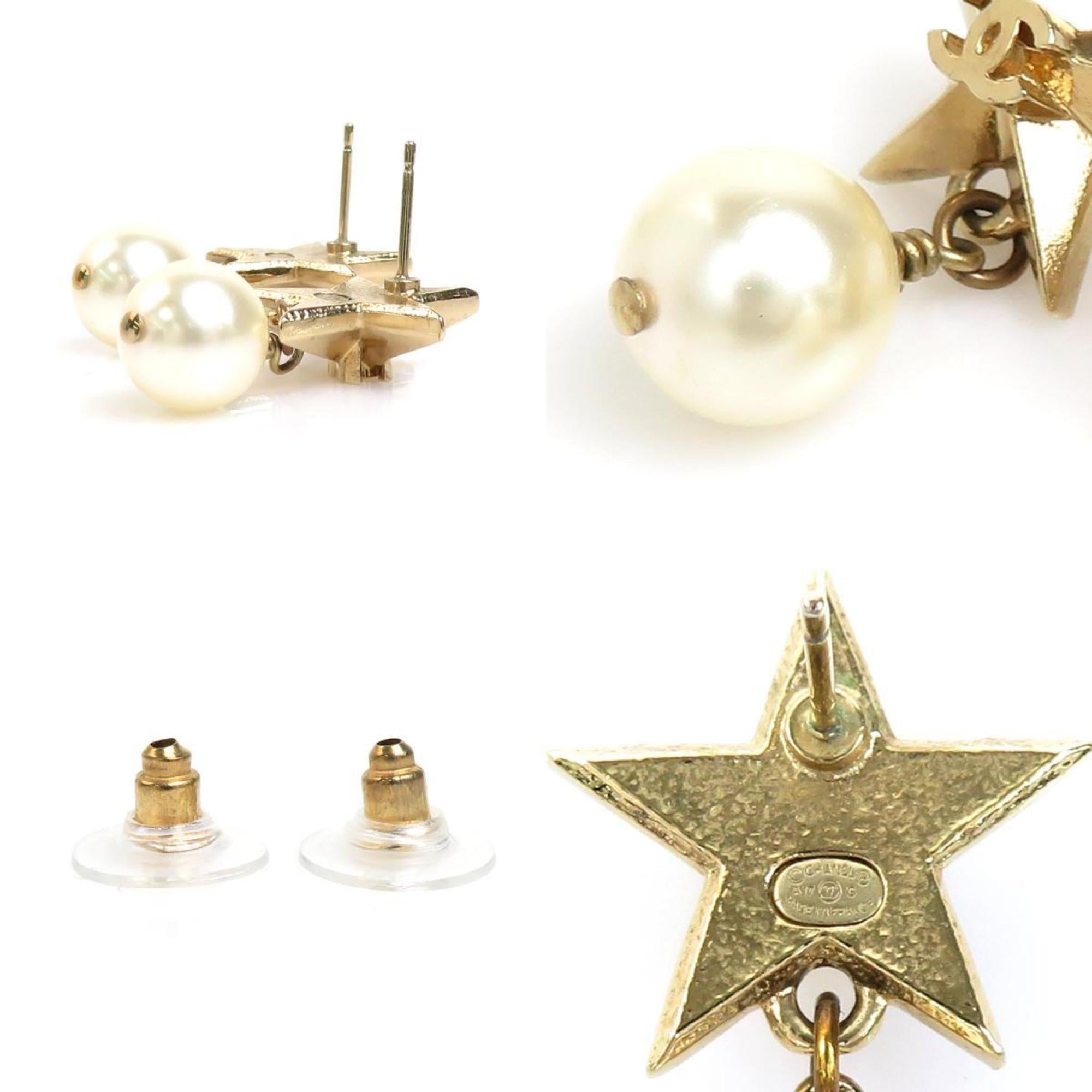 CHANEL Earrings Coco Mark Star Metal/Fake Pearl Gold/Off White Women's