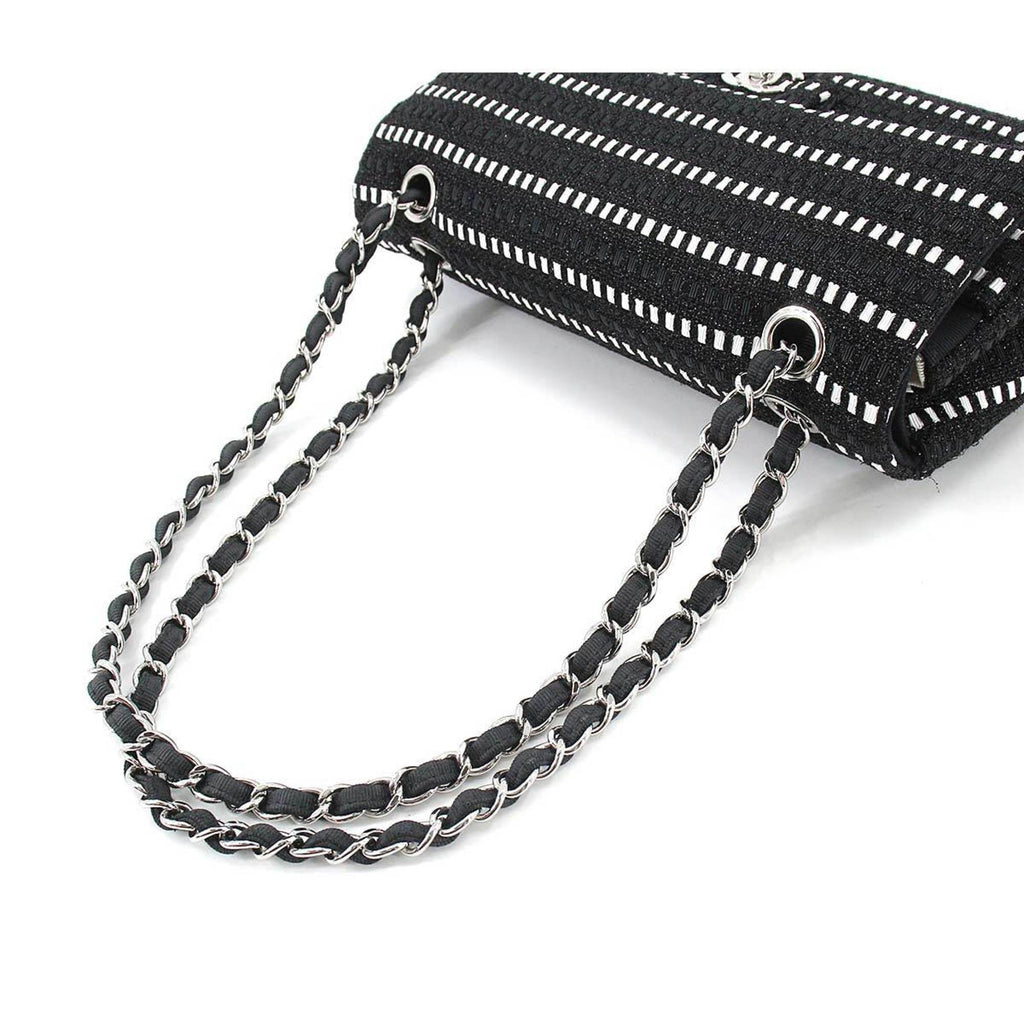 Chanel matelasse 25 chain shoulder bag canvas black white A01112 silver metal fittings Matelasse Bag