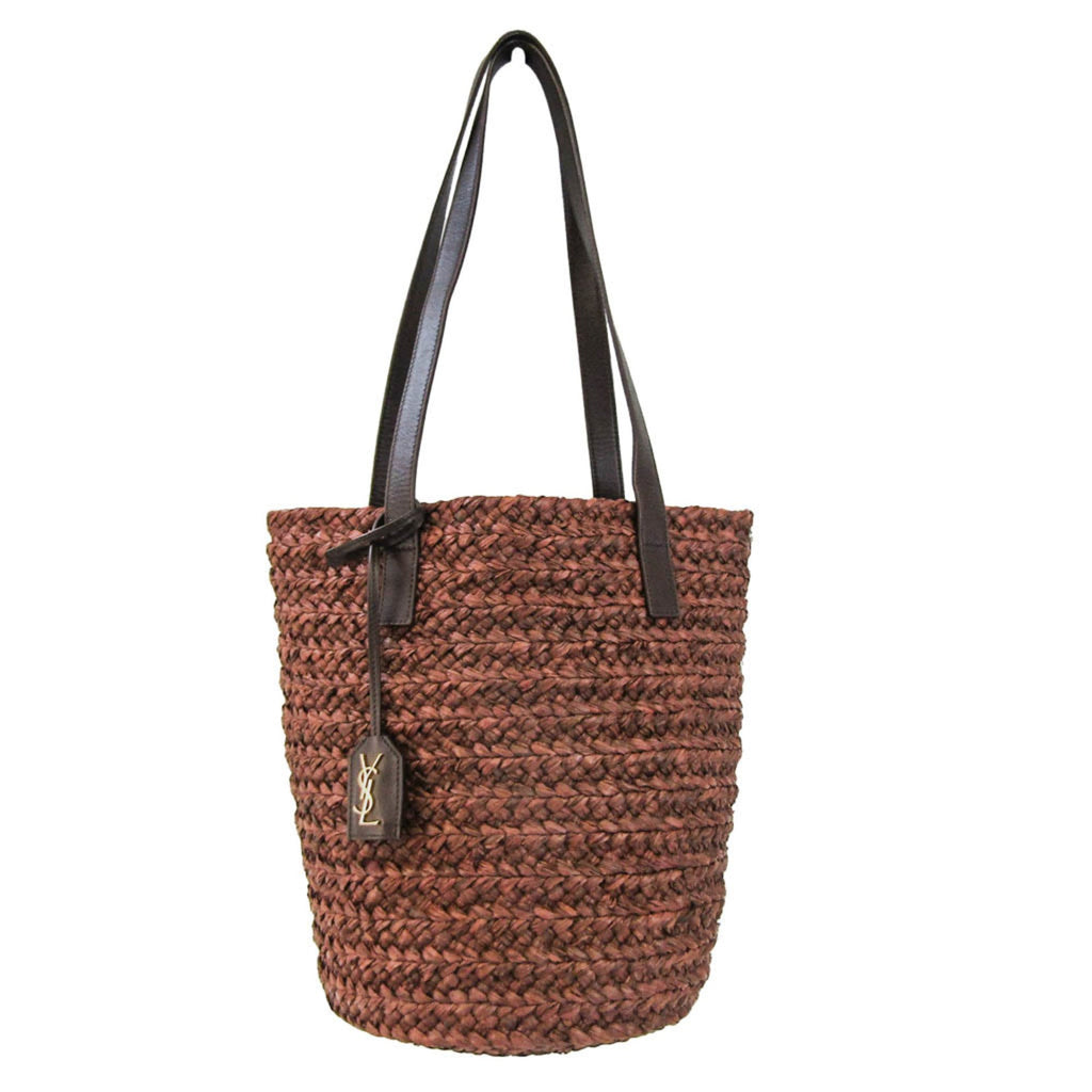SAINT LAURENT Pannier Small 579518 Women's Raffia,Leather Tote Bag Brown,Dark Brown