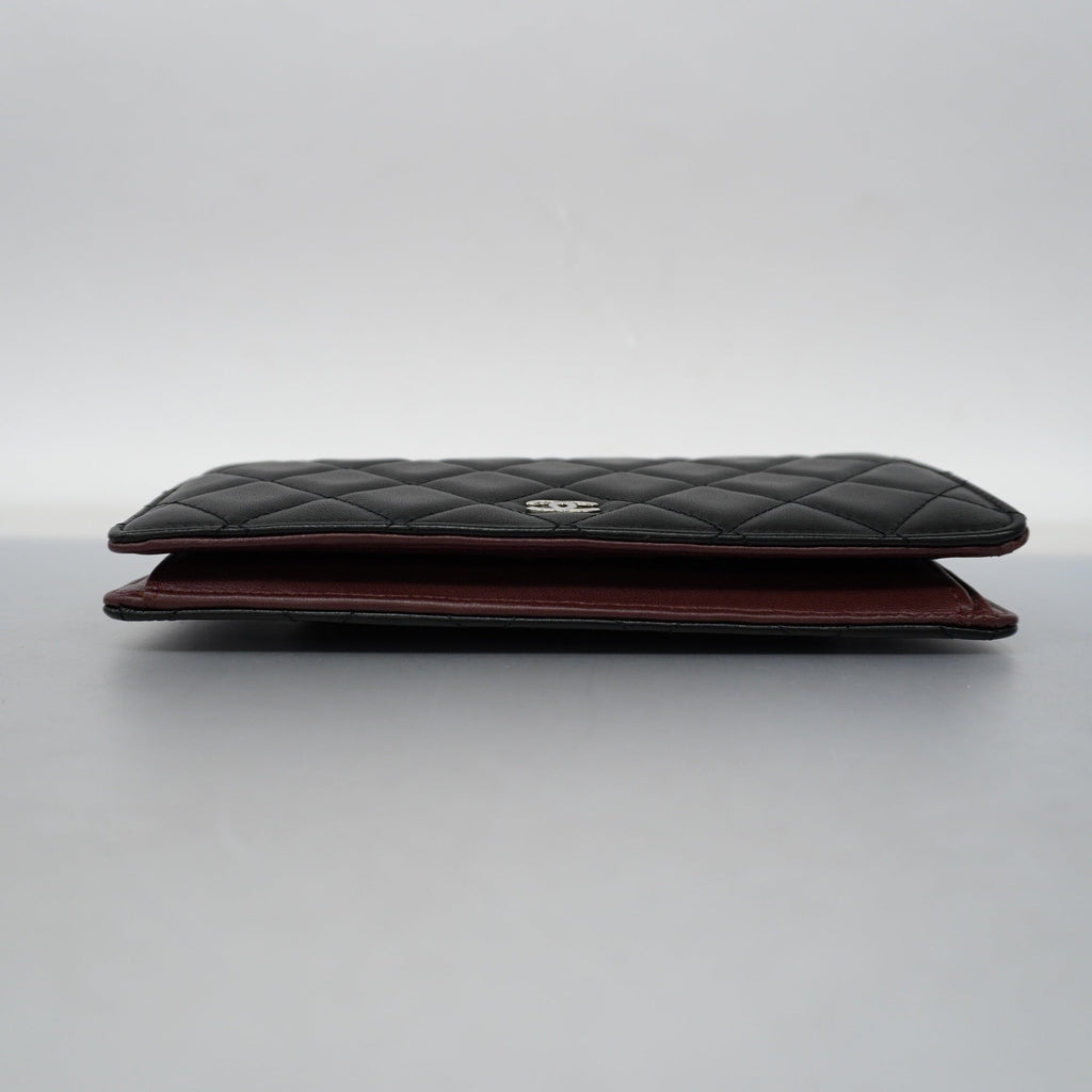 CHANELAuth  Matelasse Silver Metal Fittings Women's Lambskin Long Wallet Black