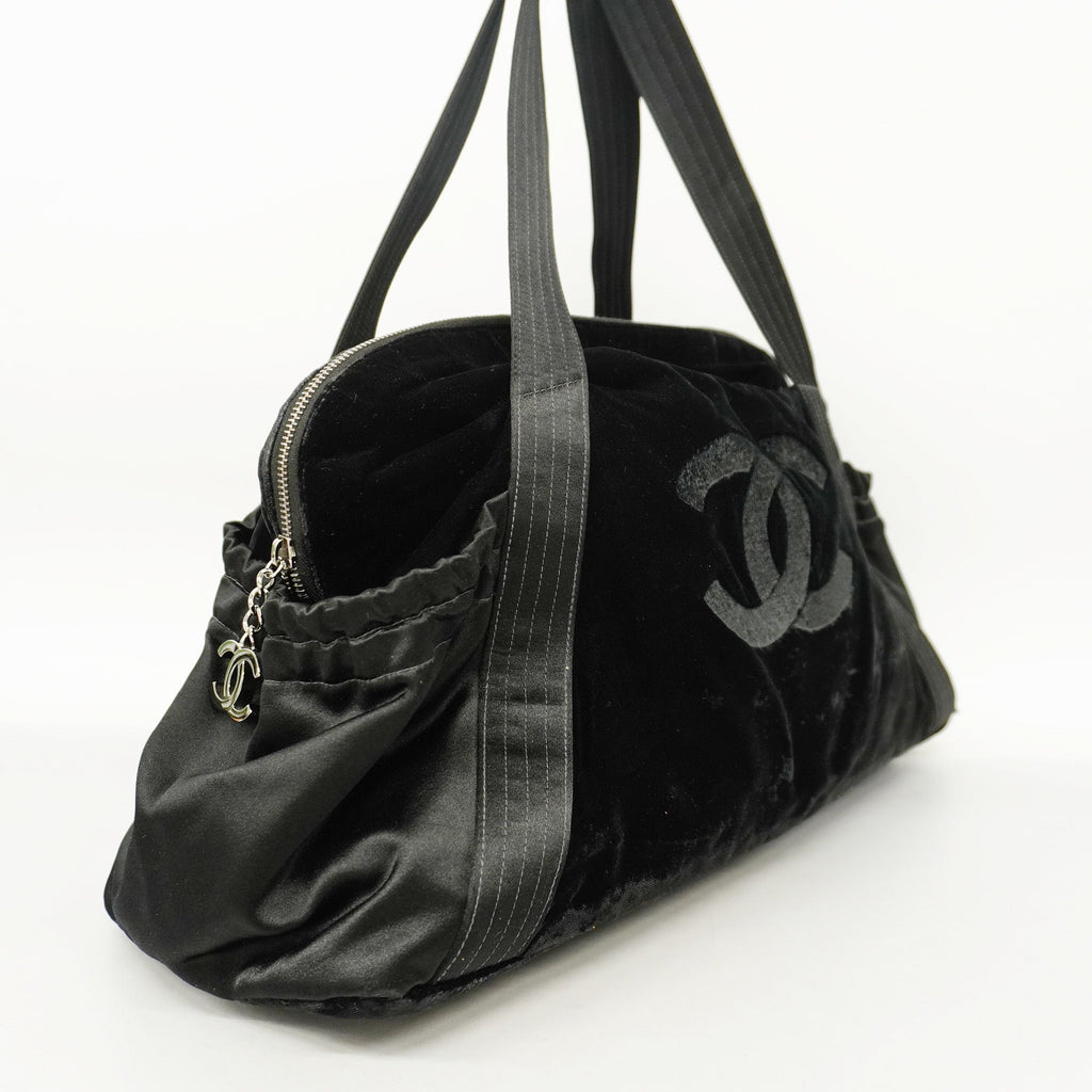 CHANELAuth  Boston Bag Men,Women,Unisex Satin,Leather Boston Bag Black