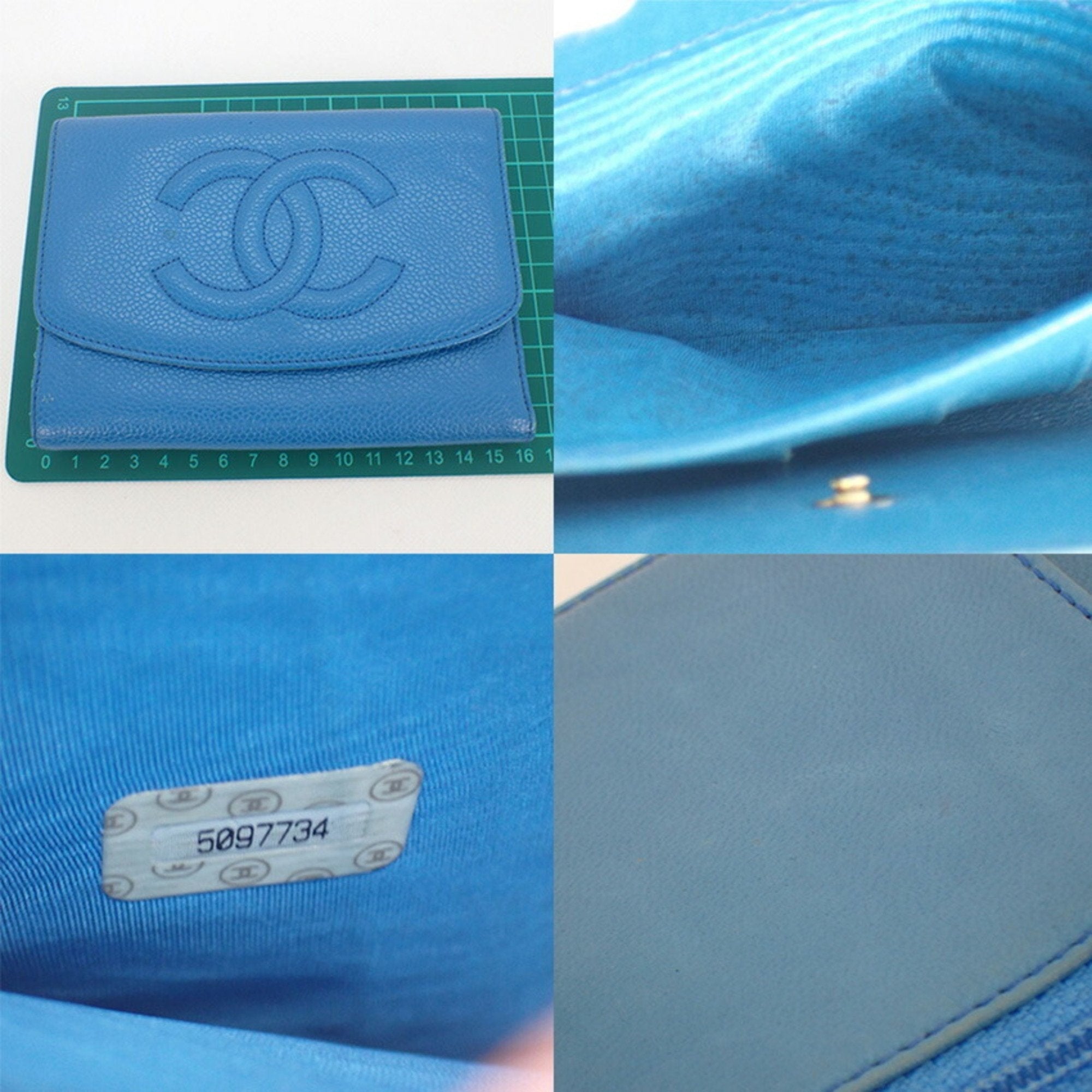 CHANEL here mark caviar skin tri-fold wallet blue with seal No. 5