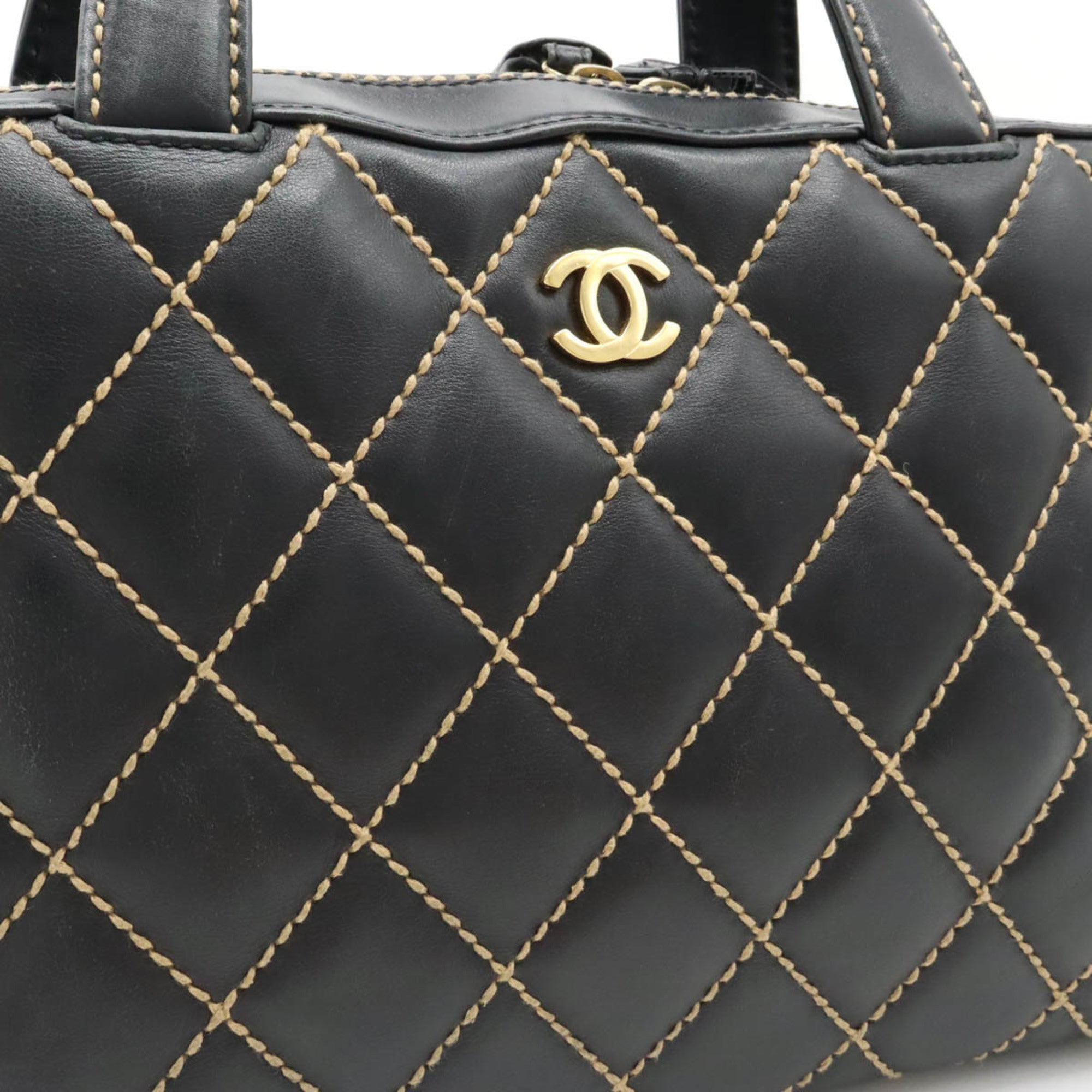 CHANEL Wild Stitch Handbag Boston Bag Leather Black A14692