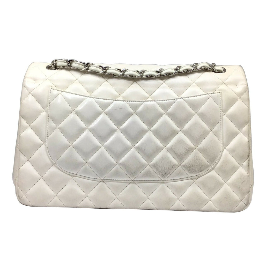 CHANEL Matelasse Deka 30 White Lambskin Silver Hardware Chain Shoulder Double Flap Women's
