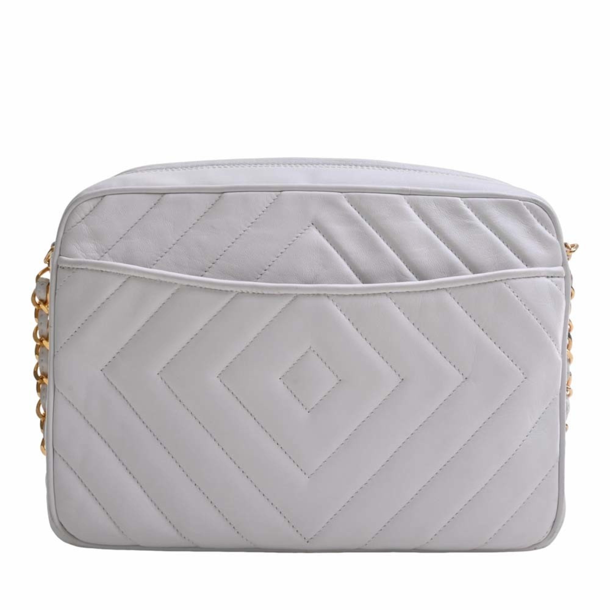 CHANEL Leather Coco Mark Chain Shoulder Bag White Ladies