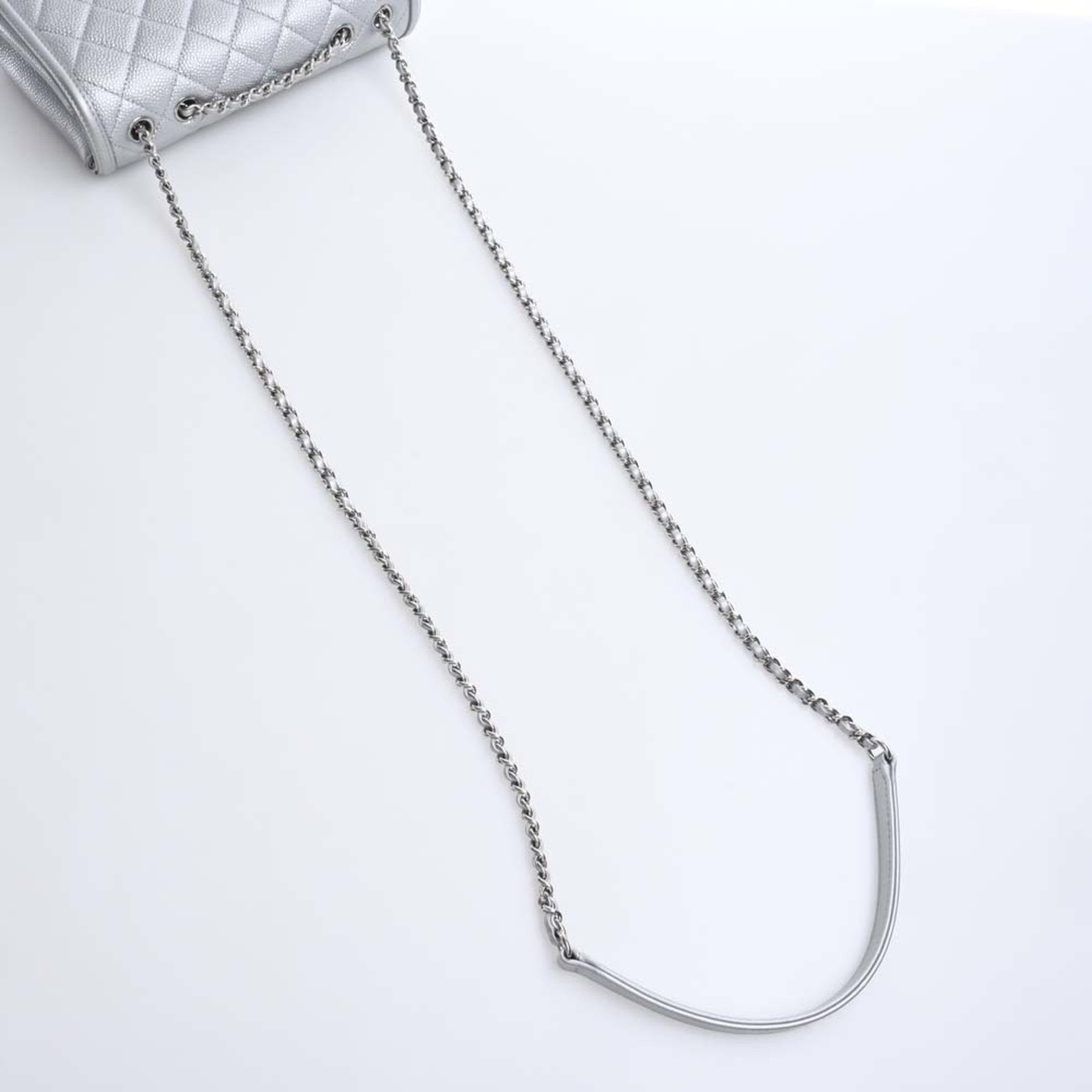 CHANEL Caviar Skin Matelasse CC Filigree Chain Shoulder Bag Silver Ladies
