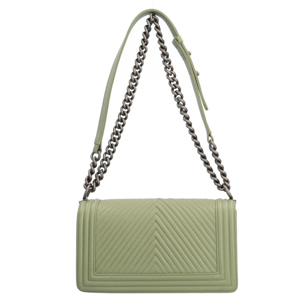 CHANEL Boy  V Stitch Shoulder Bag Lambskin Green Women's