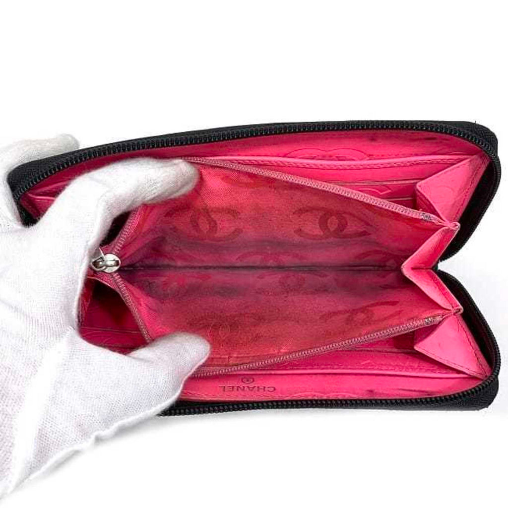 CHANEL Round Long Wallet Black Pink Silver Cambon A50078 Cocomark Leather Lambskin 16th  Purse Women's