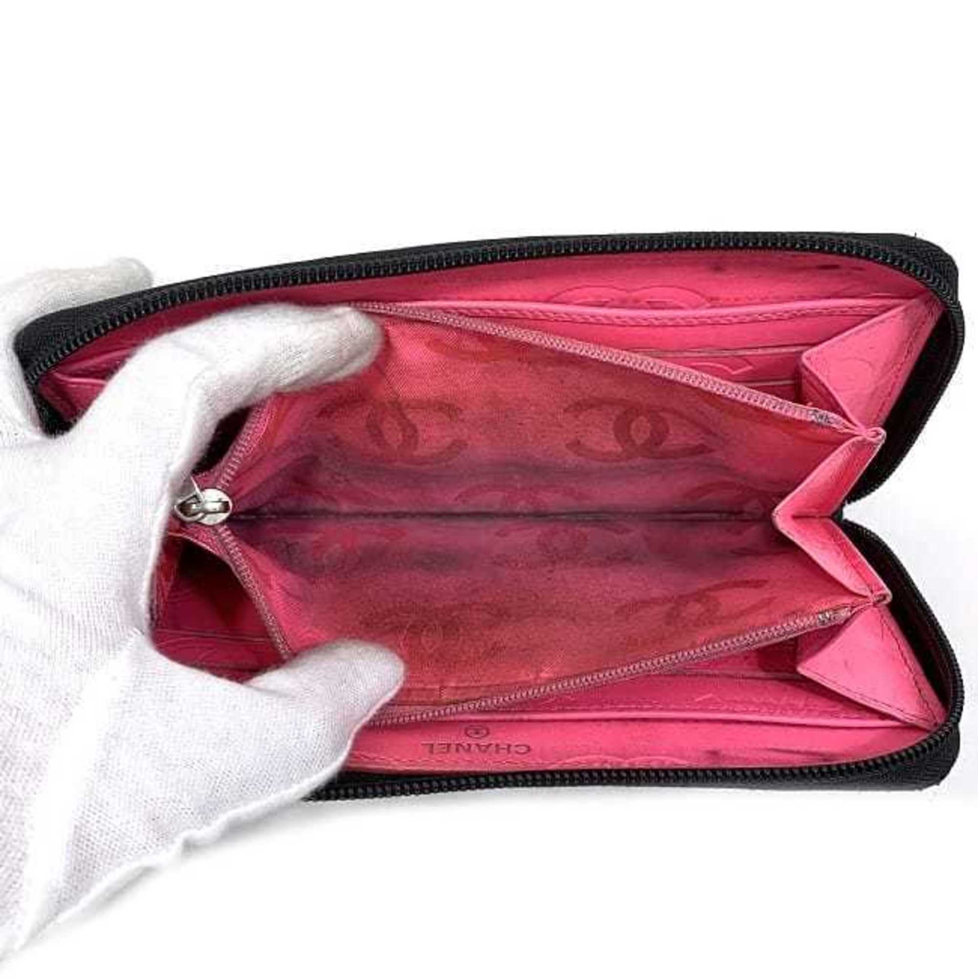 CHANEL Round Long Wallet Black Pink Silver Cambon A50078 Cocomark Leather Lambskin 16th  Purse Women's