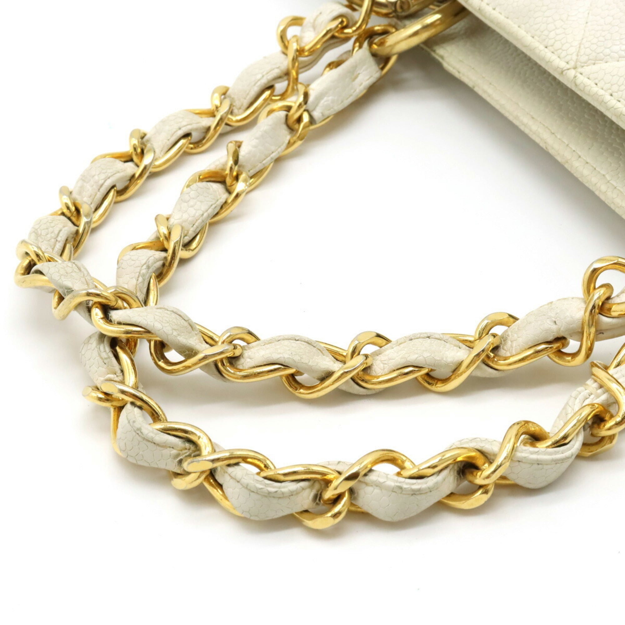 CHANEL Matelasse Coco Mark Chain Bag Tote Handbag Caviar Skin Leather White