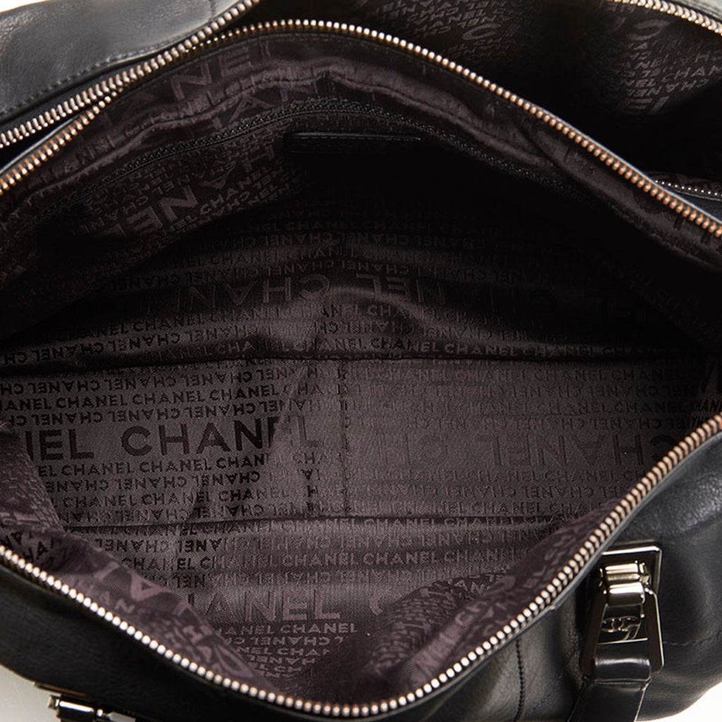 CHANEL Chocolate Bar Coco Mark Handbag Boston Bag Black Leather Ladies