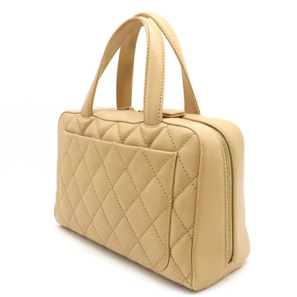 CHANEL Wild Stitch Handbag Boston Bag Leather Beige A14692