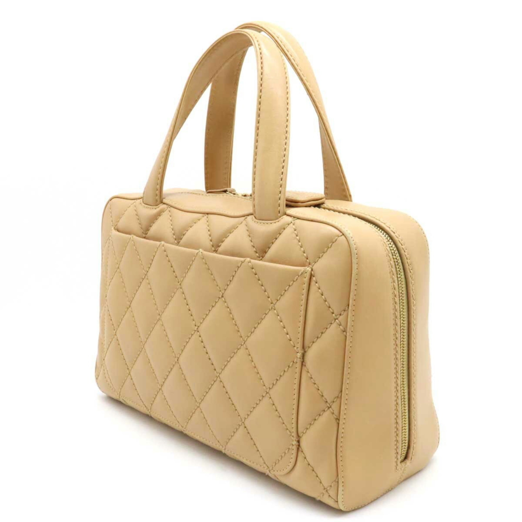 CHANEL Wild Stitch Handbag Boston Bag Leather Beige A14692
