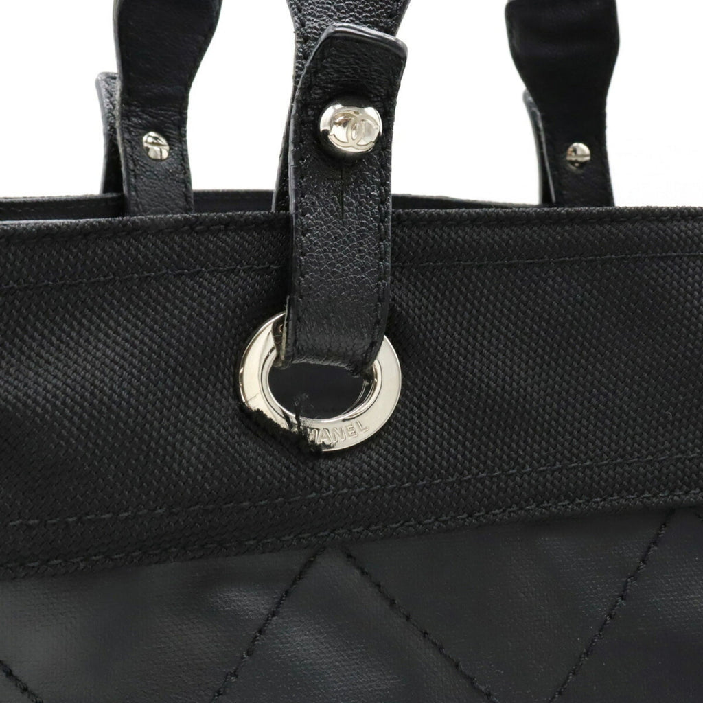 CHANEL Paris Biarritz Tote MM Bag Handbag Coated Canvas Black A34209