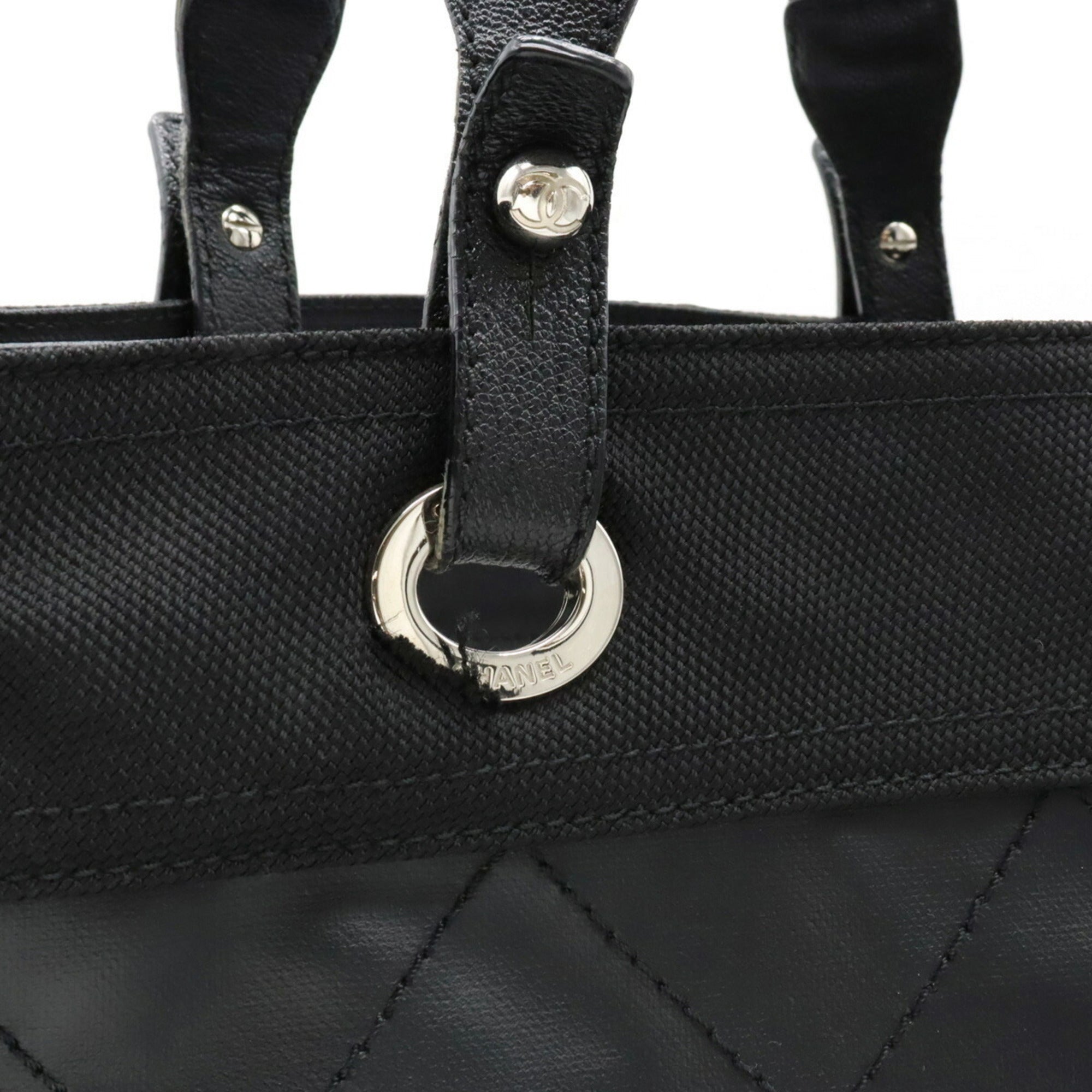 CHANEL Paris Biarritz Tote MM Bag Handbag Coated Canvas Black A34209