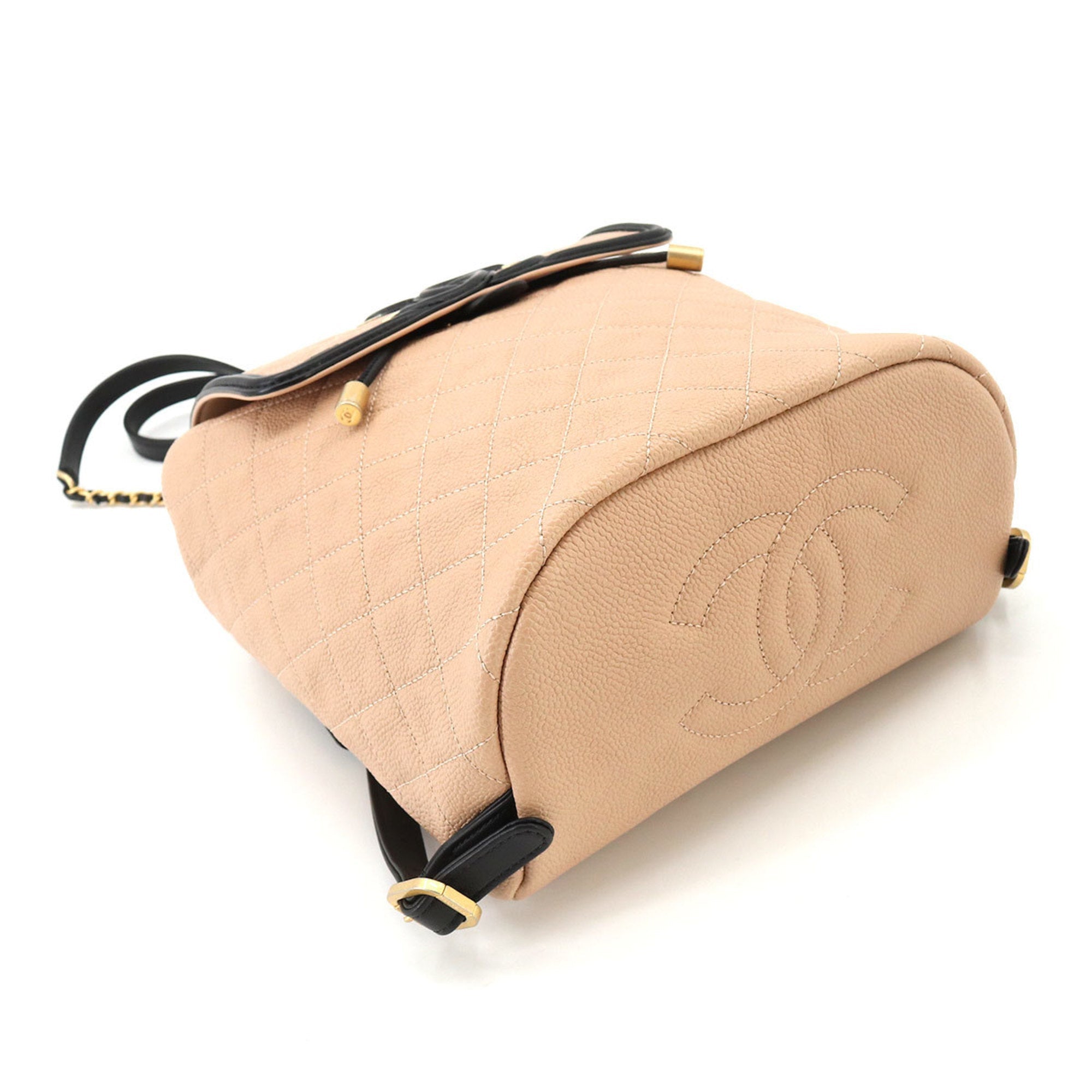 CHANEL CC filigree backpack rucksack caviar skin beige black A57090 Filigree Backpack
