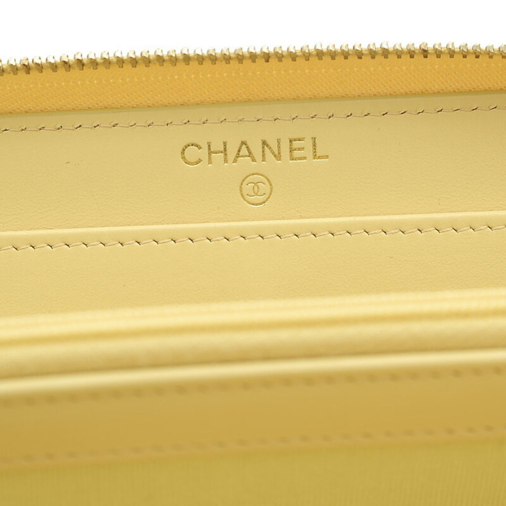 CHANEL Matelasse Round Zipper Long Wallet Caviar Skin Yellow AP0242