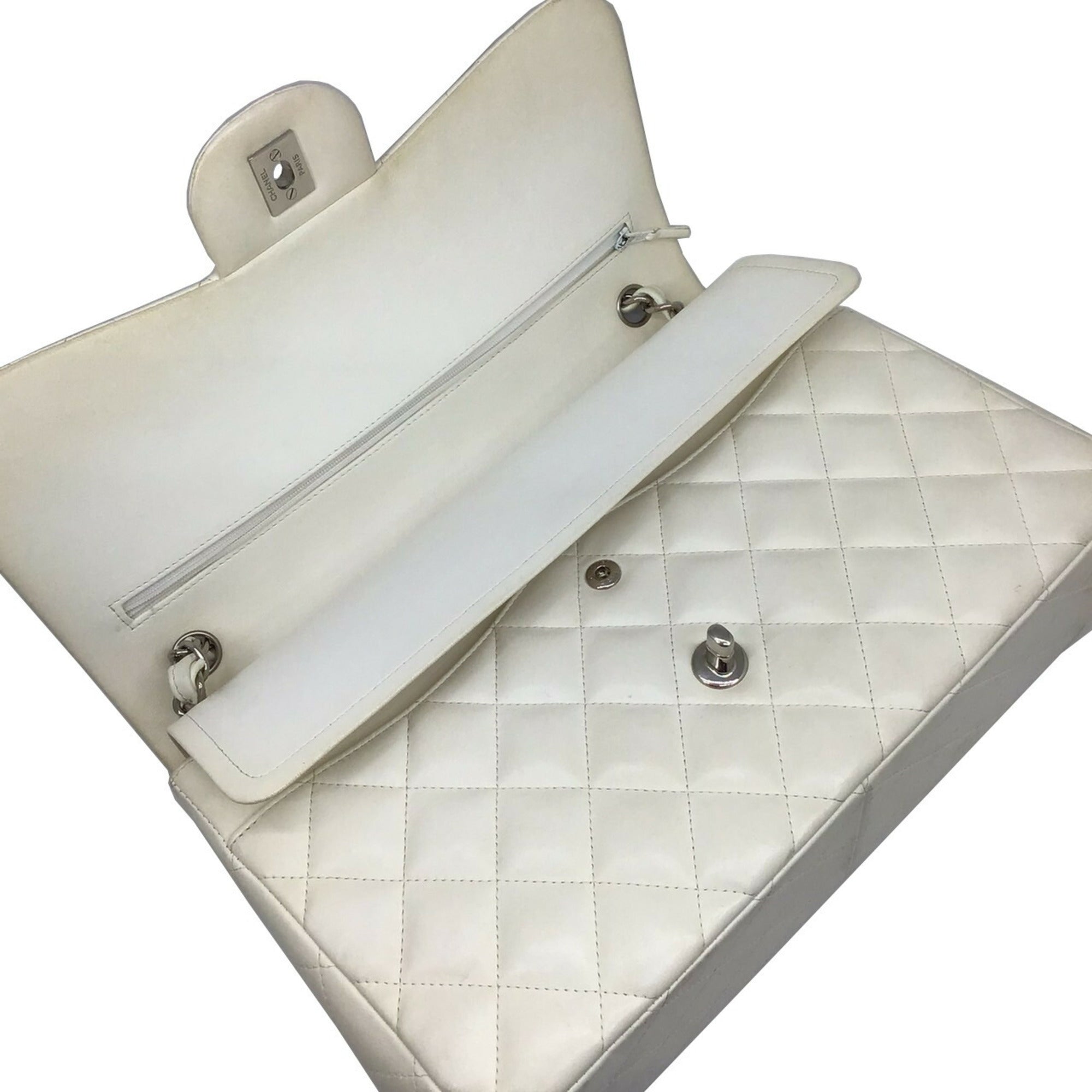 CHANEL Matelasse Deka 30 White Lambskin Silver Hardware Chain Shoulder Double Flap Women's