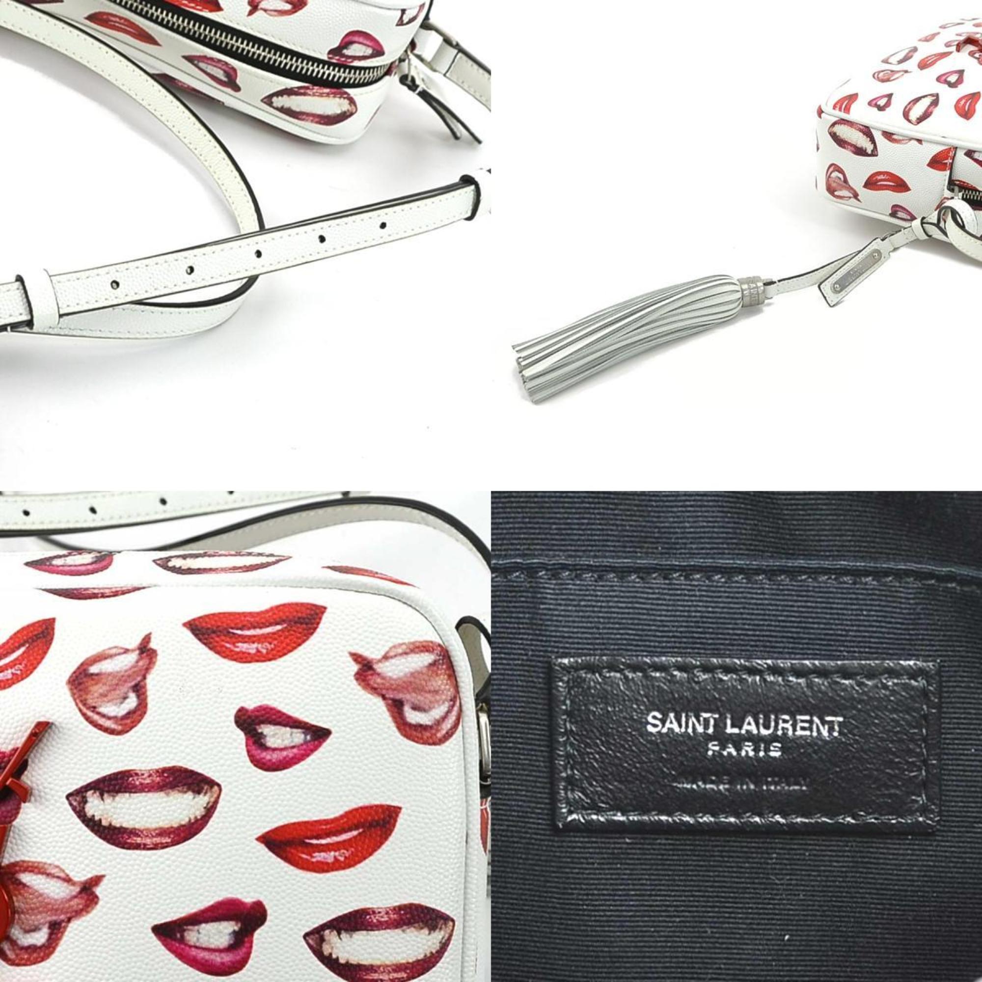SAINT LAURENT Crossbody Shoulder Bag Leather White/Red/Pink Women's