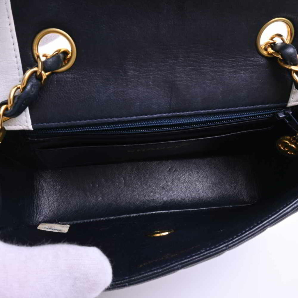 Chanel Lambskin Mademoiselle Coco Mark Mini Chain Shoulder Bag Navy White