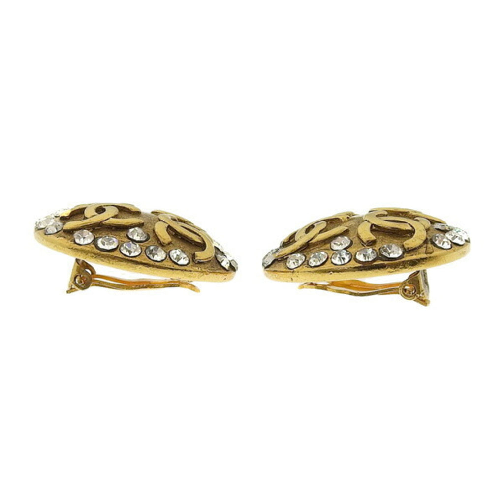 CHANEL Rhinestone Coco Mark Round Earrings Gold Women's