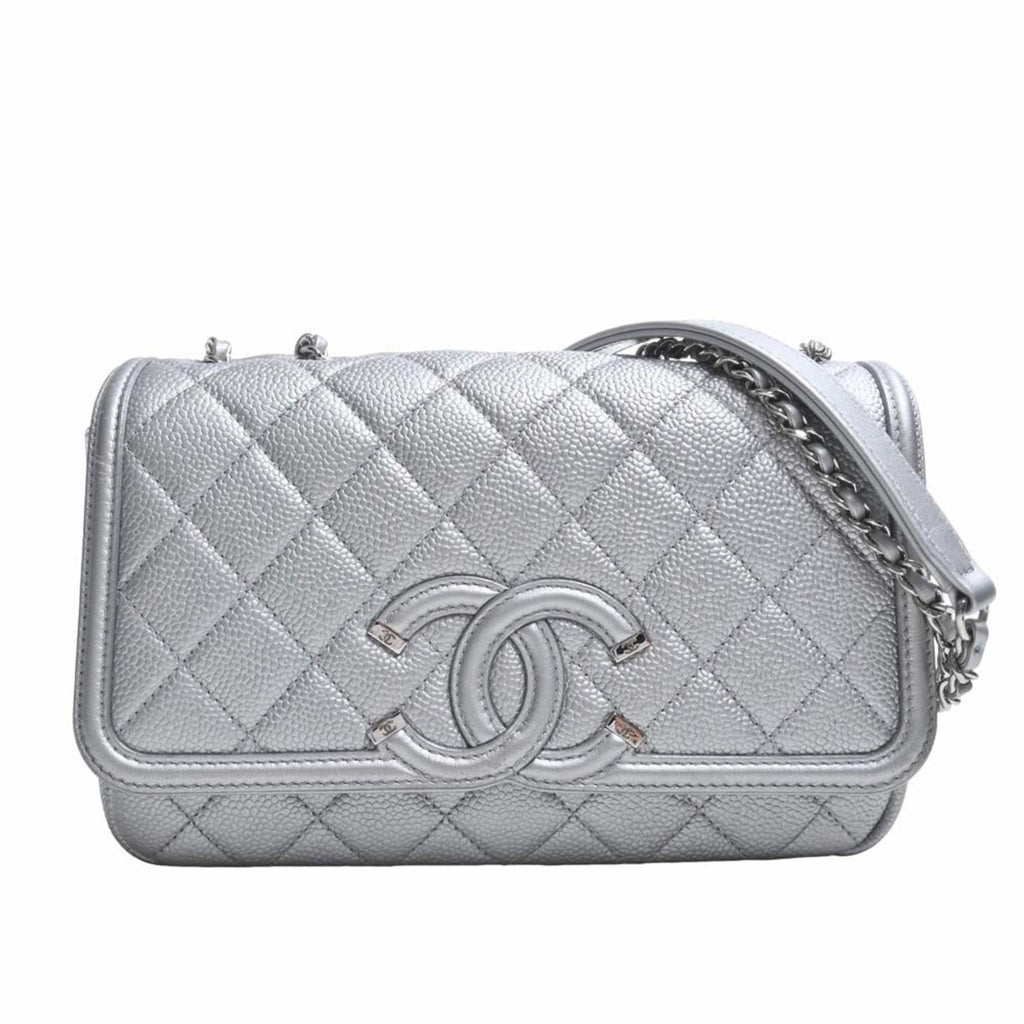 CHANEL Caviar Skin Matelasse CC Filigree Chain Shoulder Bag Silver Ladies