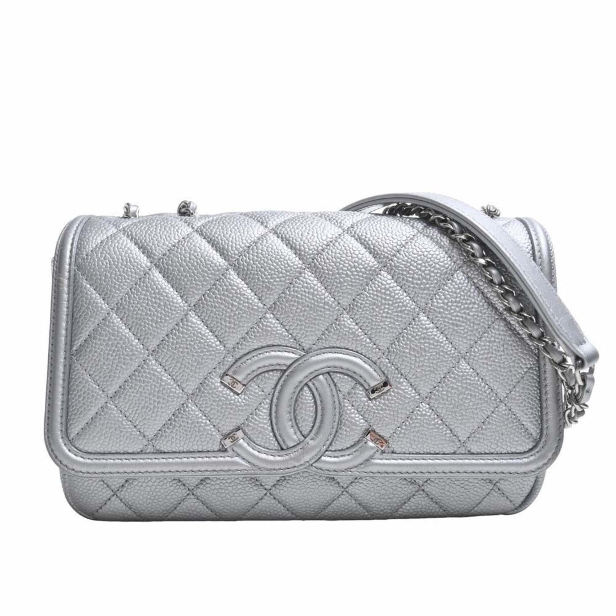 CHANEL Caviar Skin Matelasse CC Filigree Chain Shoulder Bag Silver Ladies