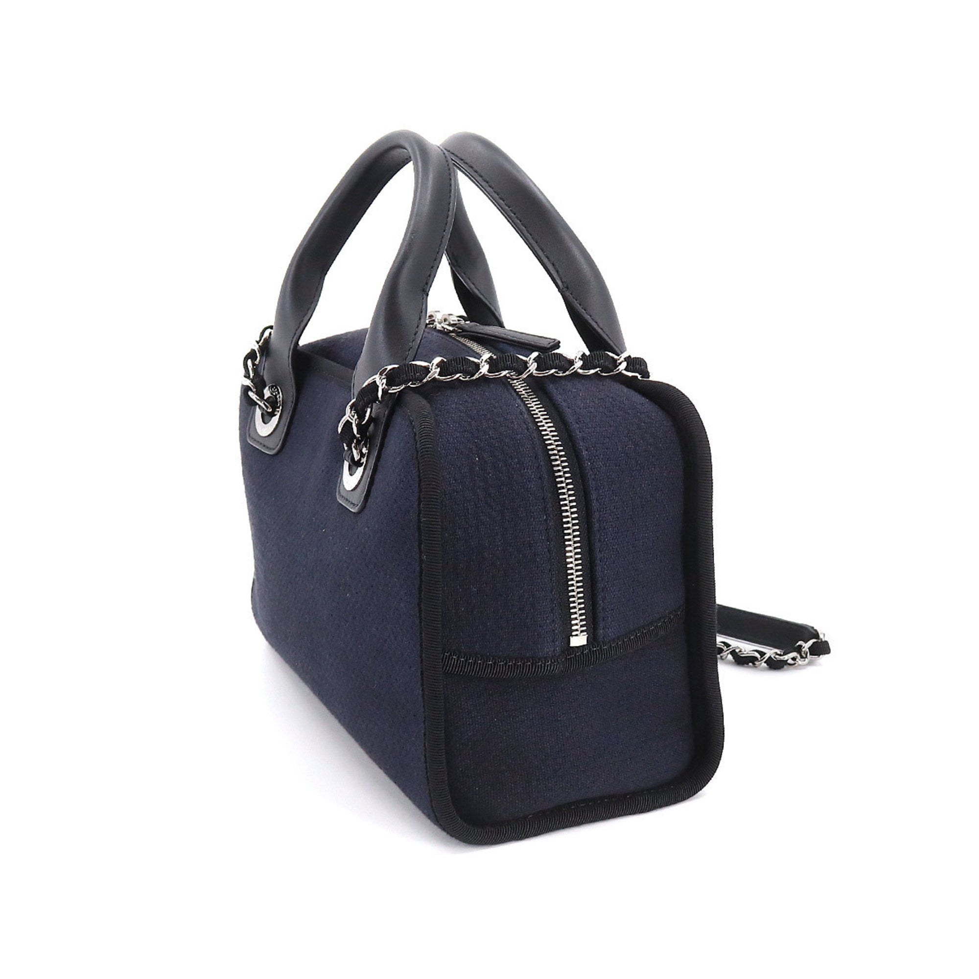 CHANEL Deauville Bowling 2way Hand Chain Shoulder Bag Canvas Leather Navy A92749