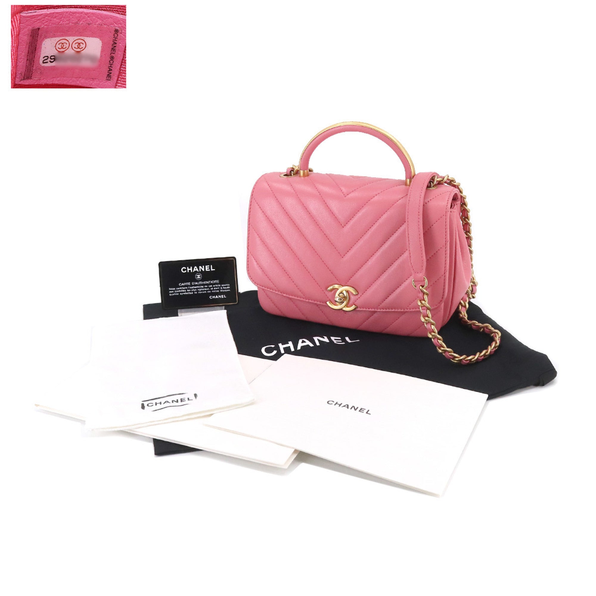CHANEL Chevron V Stitch Top Handle 2way Hand Shoulder Bag Leather Pink