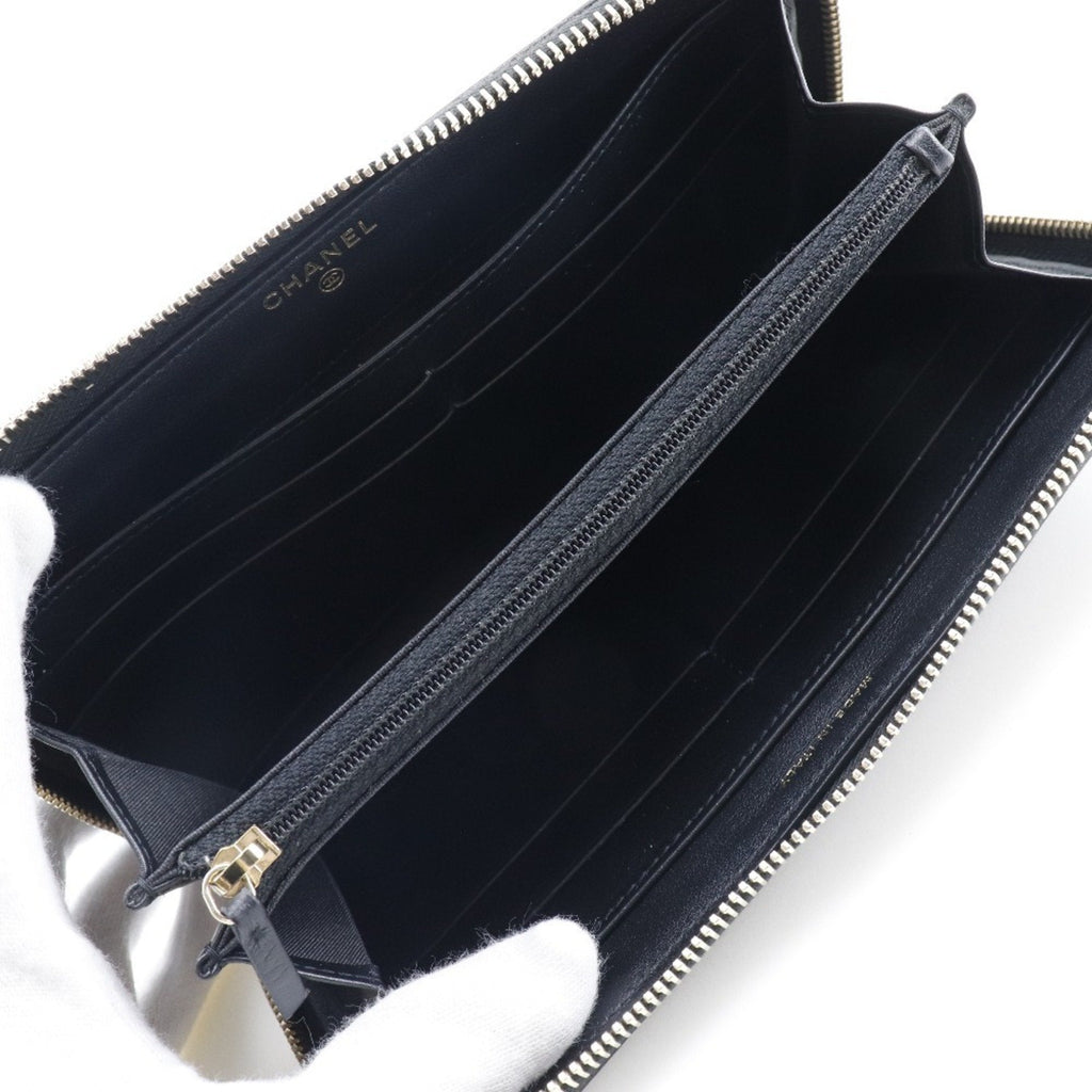 CHANEL Camellia Emboss Cocomark A82281 Matte Caviar Skin Black Women's Long Wallet