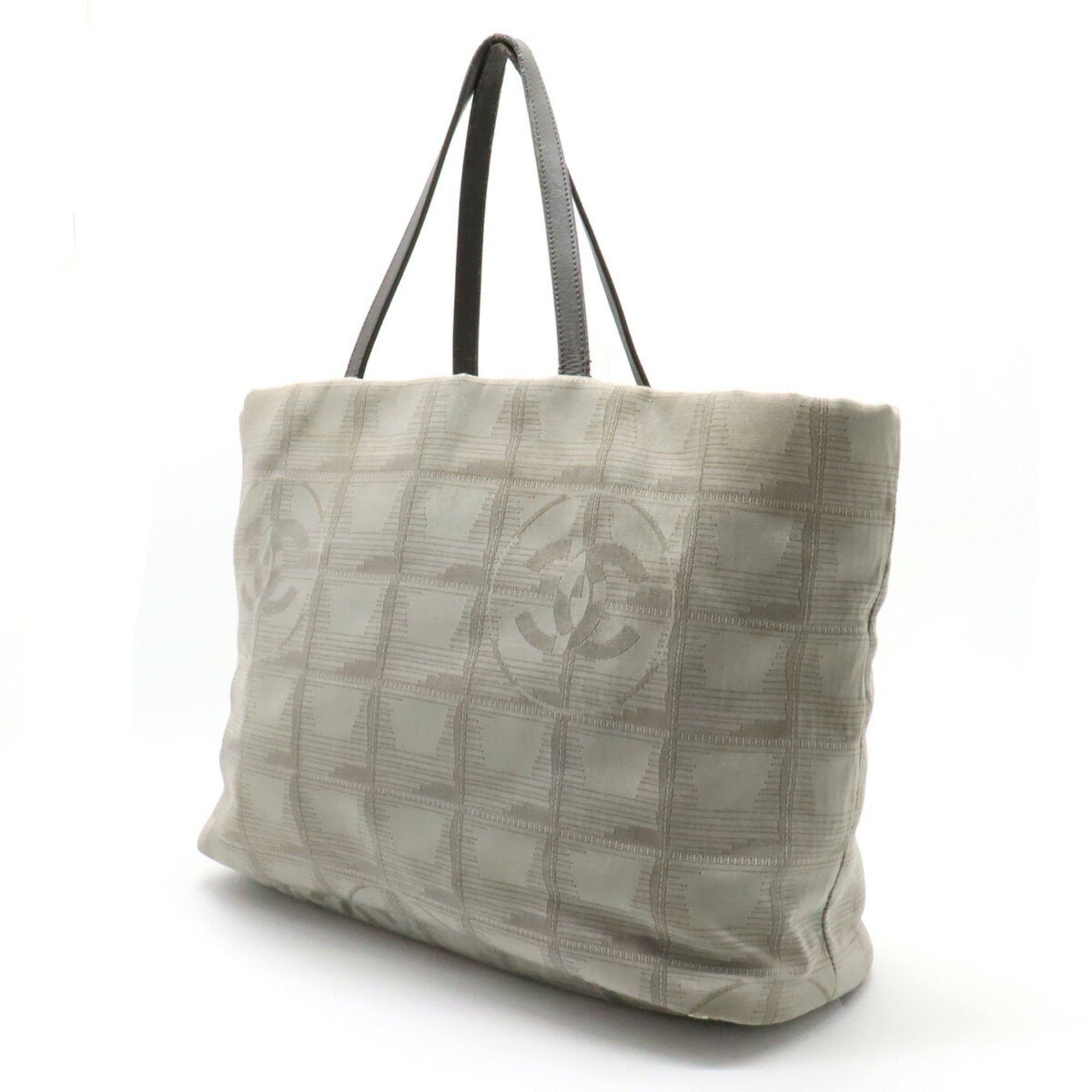 CHANEL New Line Large Tote Bag Shoulder Nylon Jacquard Leather Gray 7148