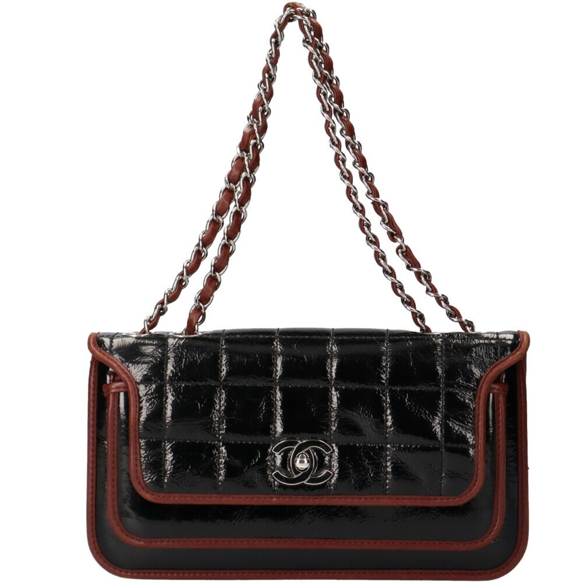 CHANEL chain shoulder chocolate bar bag patent leather black ladies