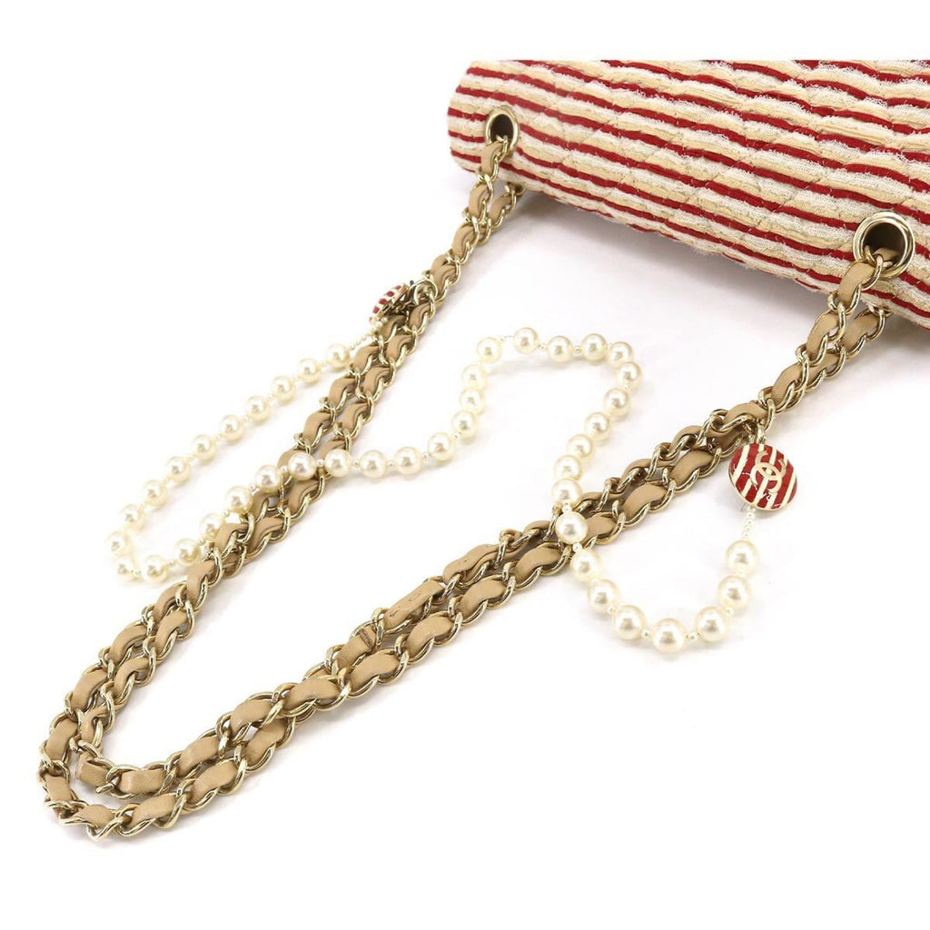 CHANEL Coco Sailor Matelasse Chain Shoulder Bag Pearl Strap Canvas Leather Beige Red Border A90100
