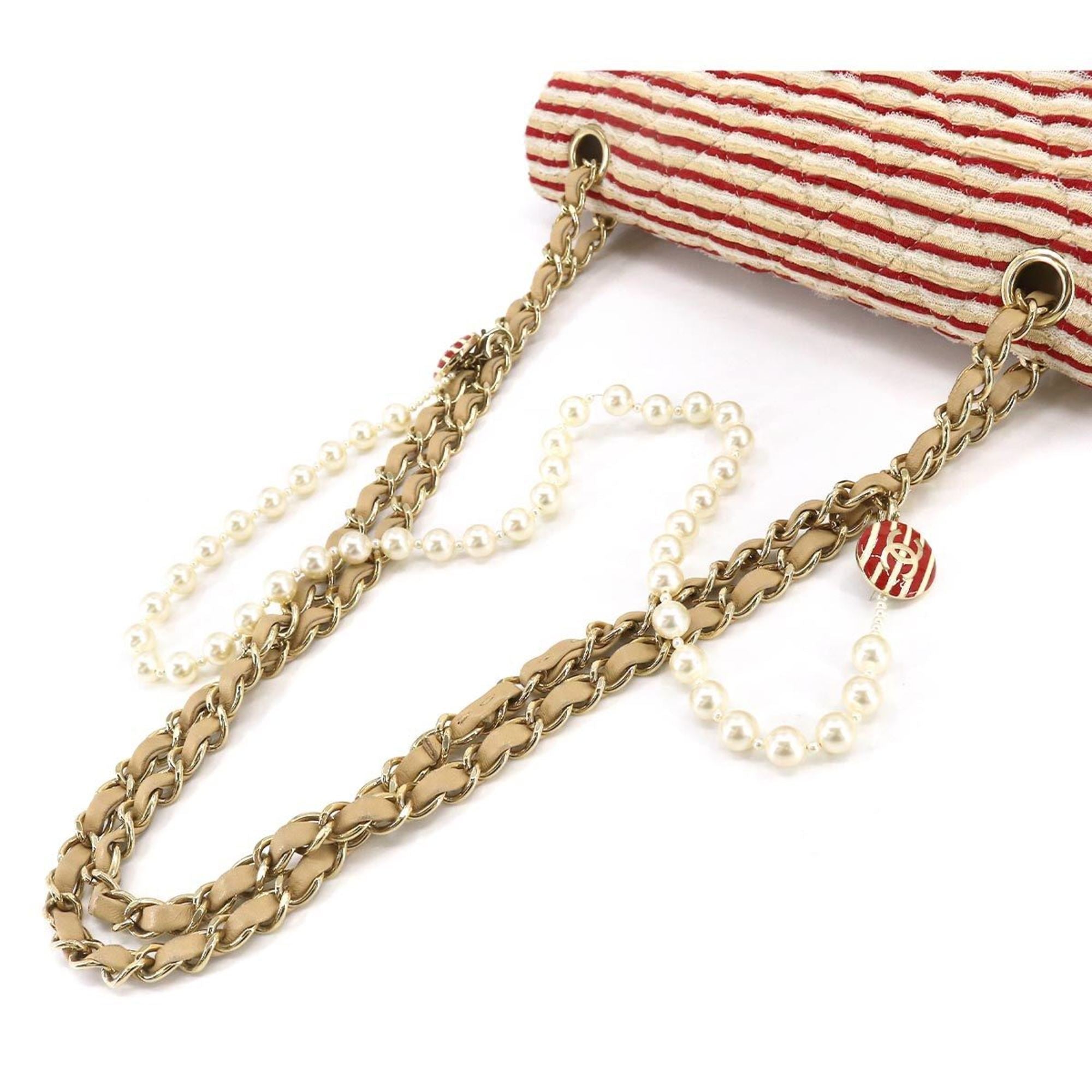 CHANEL Coco Sailor Matelasse Chain Shoulder Bag Pearl Strap Canvas Leather Beige Red Border A90100