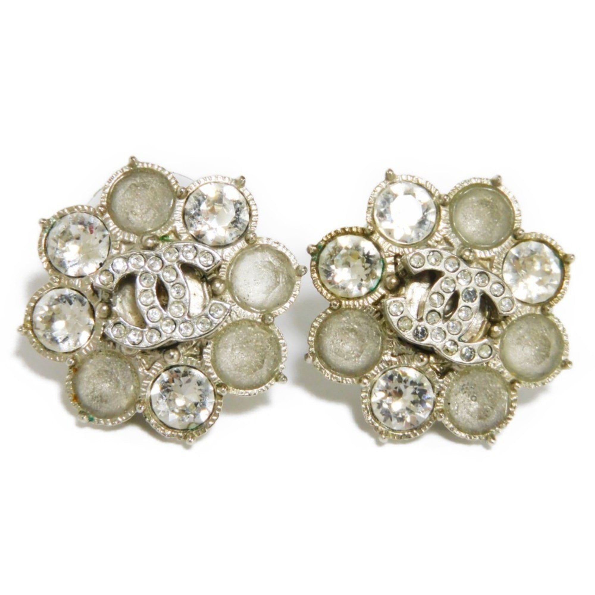 CHANEL Earrings Flower Crystal Coco Mark Strass Rhinestone CC Clear Ladies Accessories Jewelry