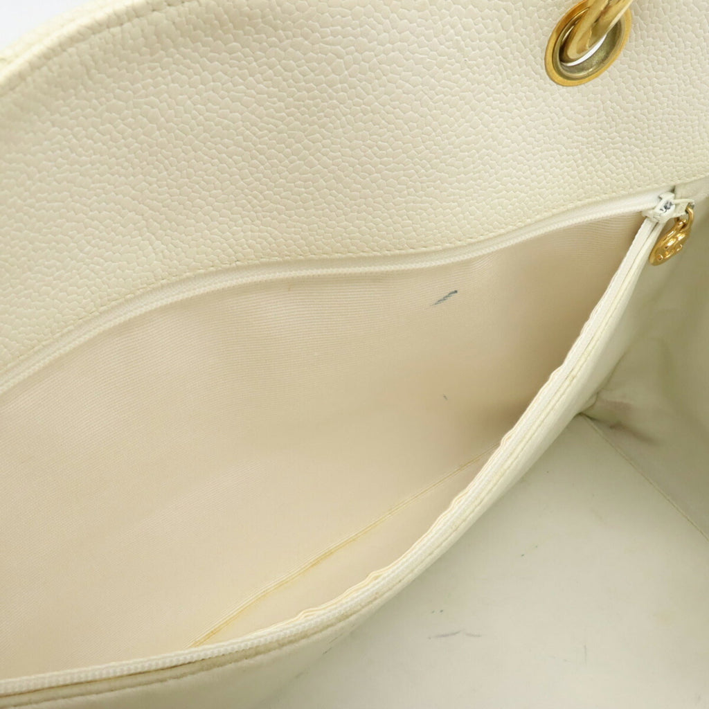 CHANEL Matelasse Coco Mark Chain Bag Tote Handbag Caviar Skin Leather White