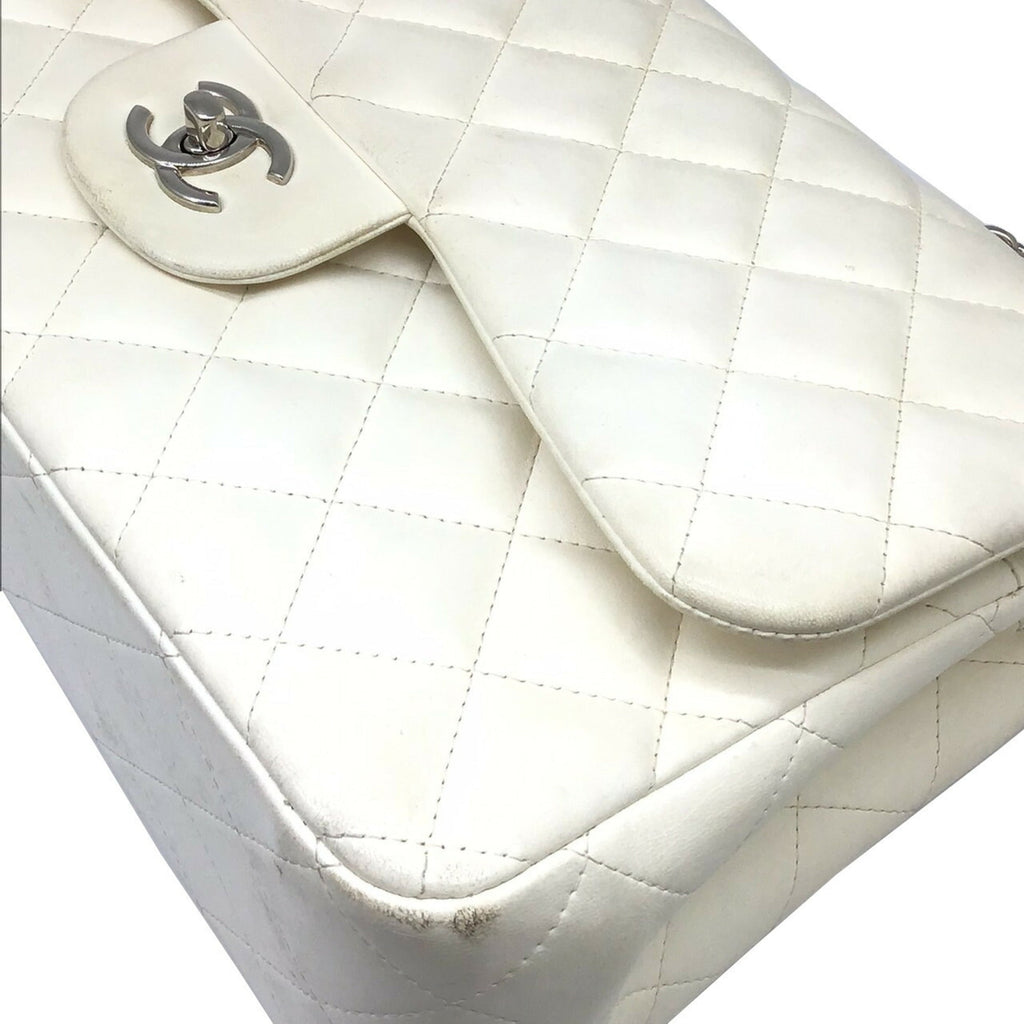 CHANEL Matelasse Deka 30 White Lambskin Silver Hardware Chain Shoulder Double Flap Women's
