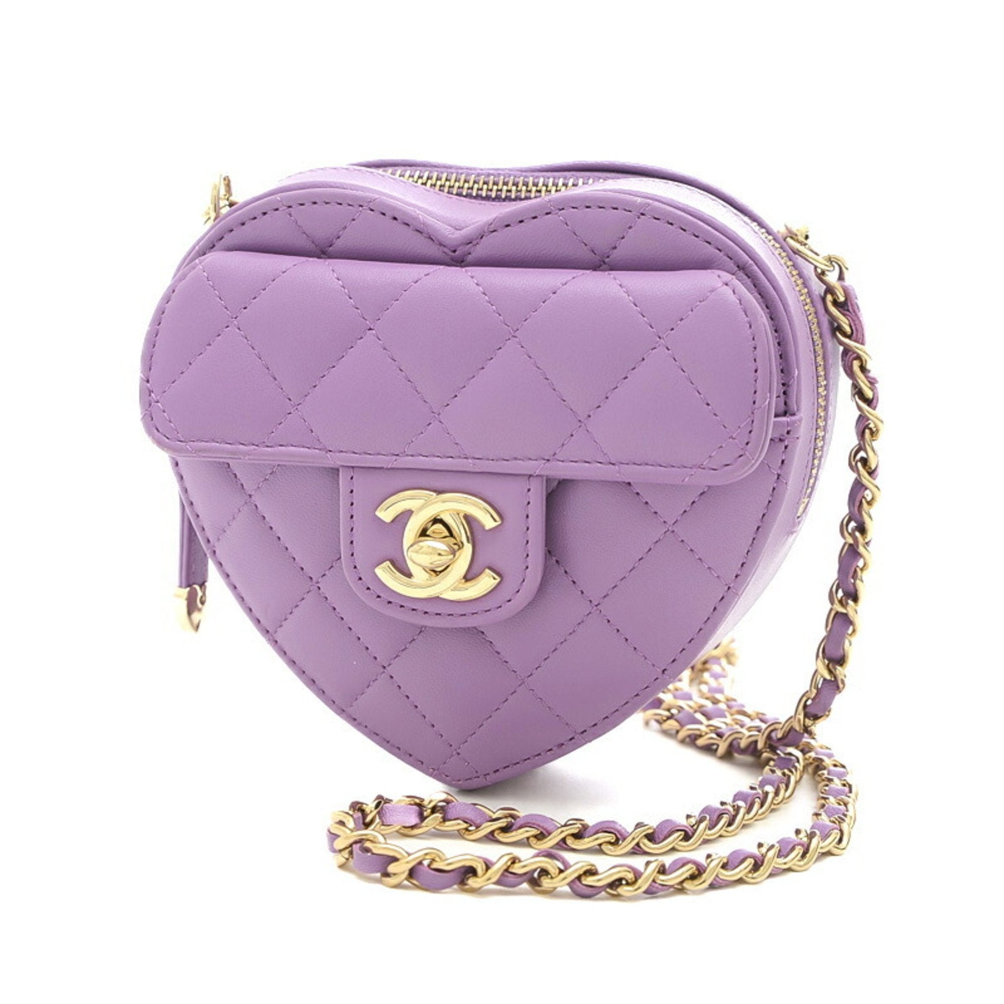 CHANEL Matelasse Heart Chain Shoulder Bag Lambskin Purple AP2784